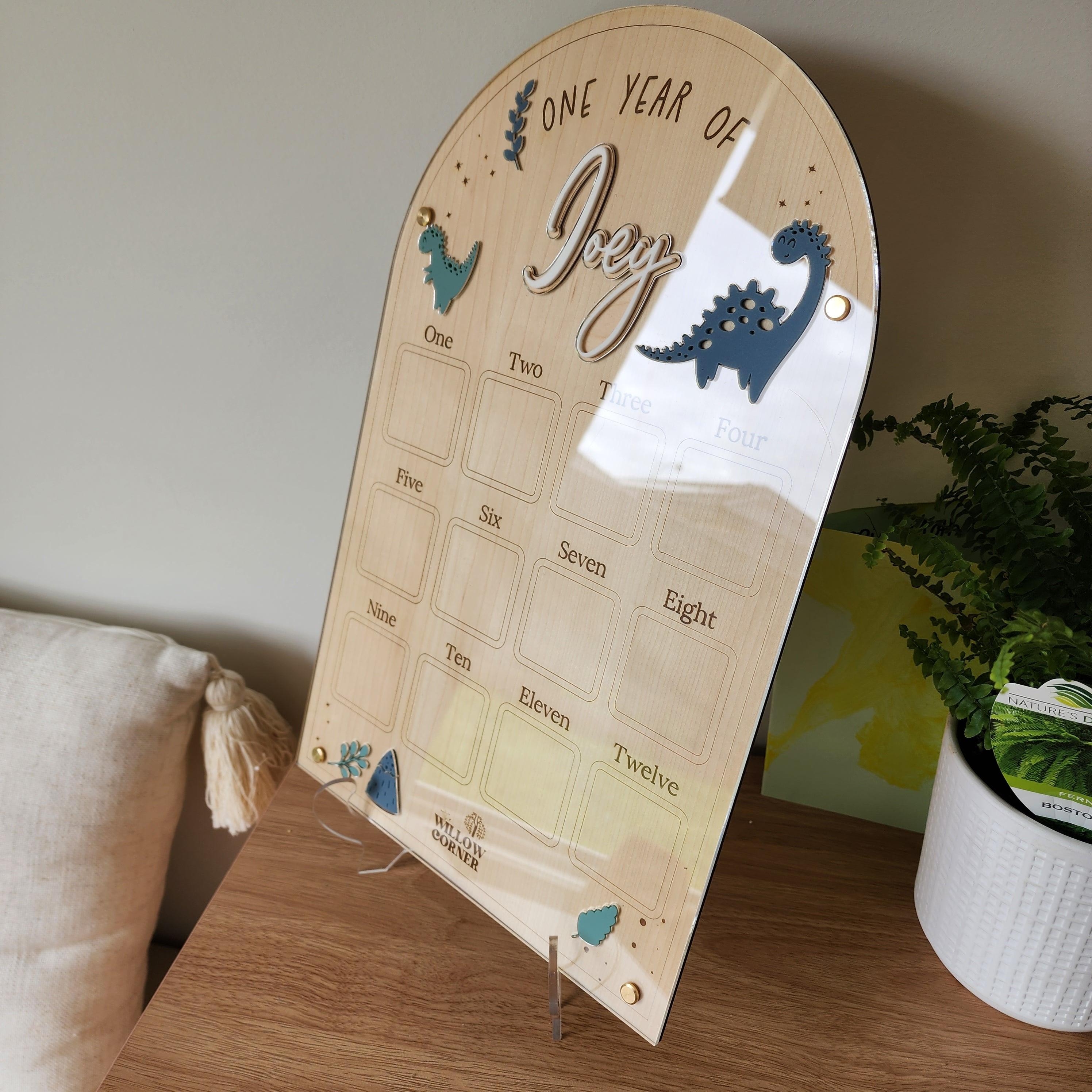 Personalised First Birthday Photo Board - Dinosaurs - One Year Of Photo Frame Milestone Arch - The Willow Corner