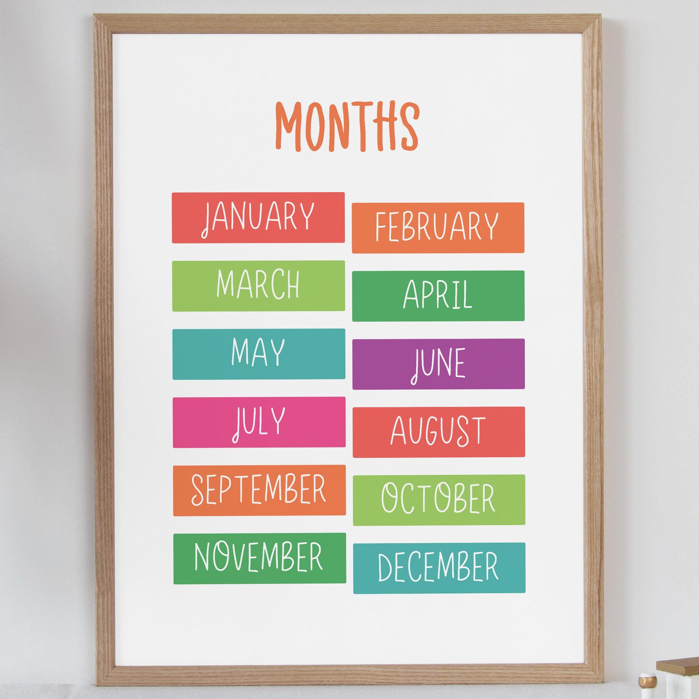 Months - Bright Tones - Educational Print Series - Poster - The Willow Corner
