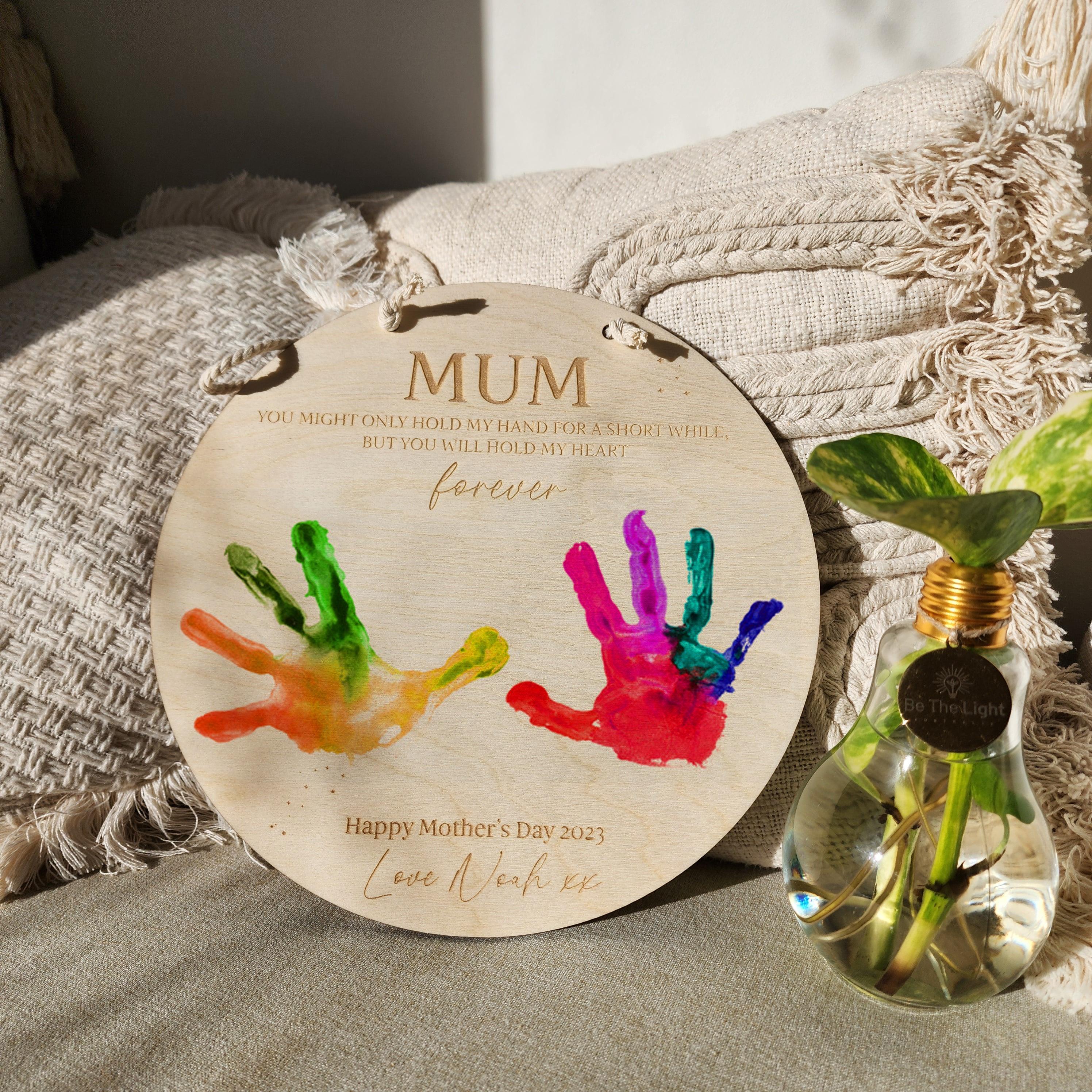 Mum Handprint Hanging Sign - Personalised Wooden Round - Mother&#39;s Day Gift - The Willow Corner