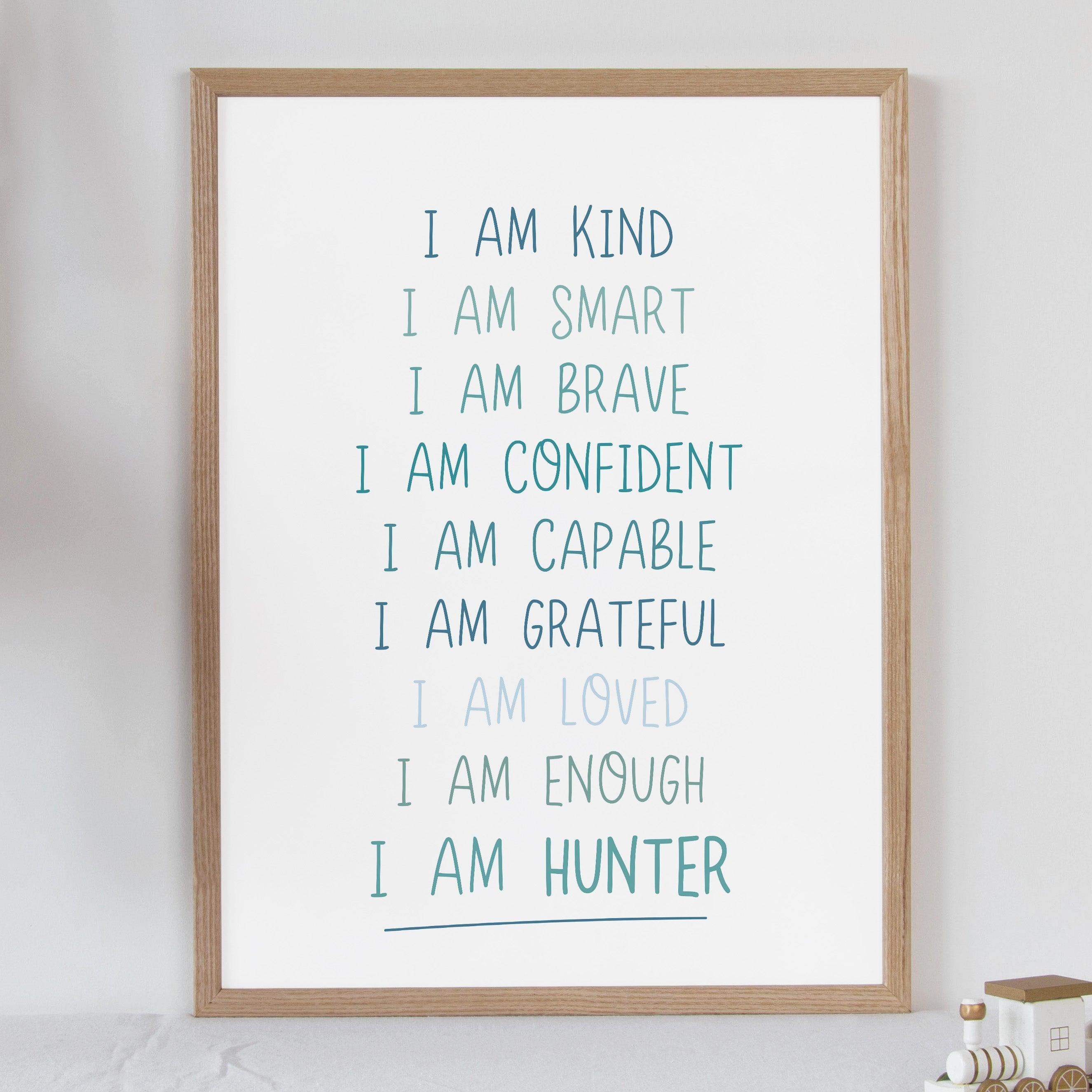 Personalised I Am Affirmation - Retro Blues Tones - Educational Print Series - Poster - The Willow Corner