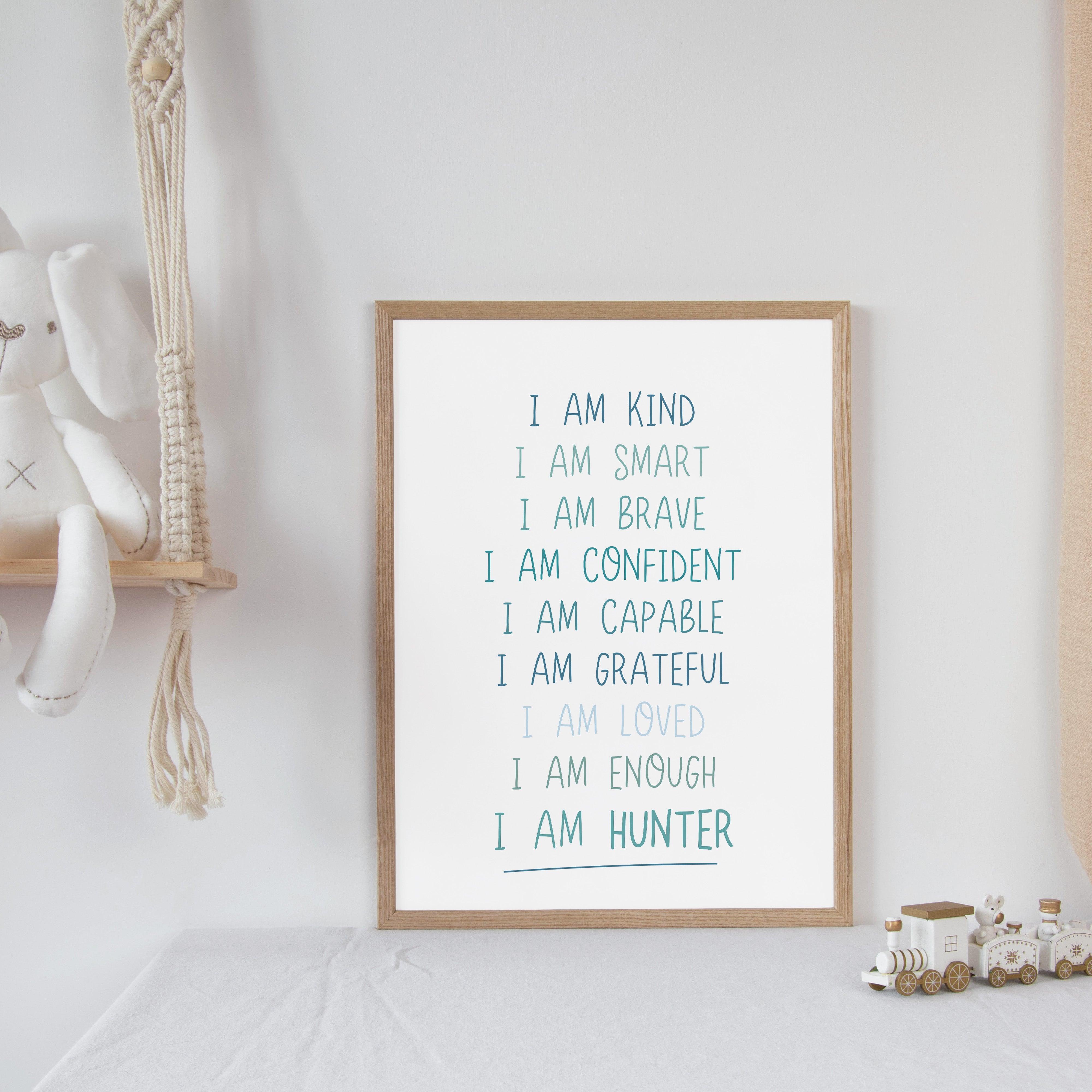 Personalised I Am Affirmation - Retro Blues Tones - Educational Print Series - Poster - The Willow Corner