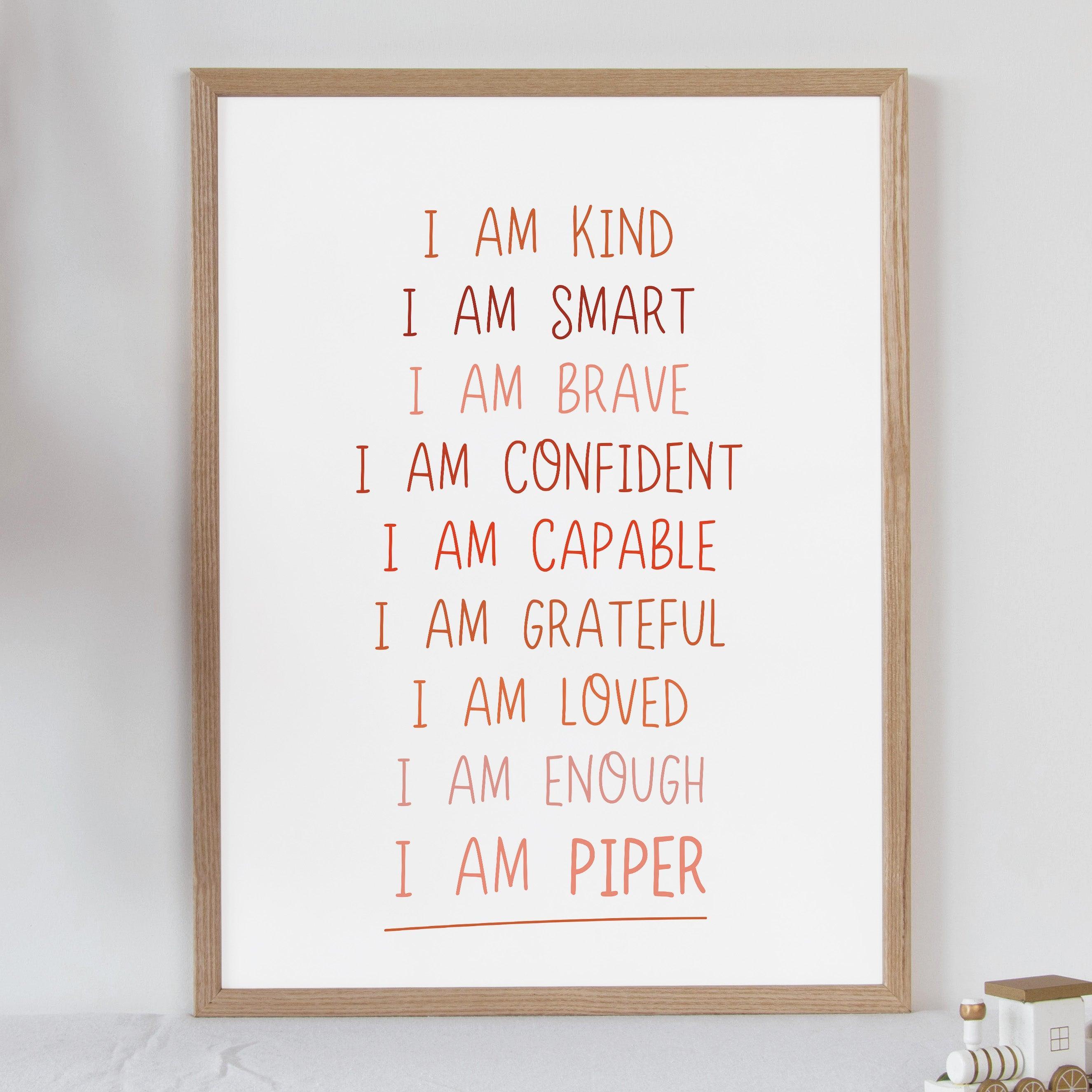 Personalised I Am Affirmation - Summer Reds Tones - Educational Print Series - Poster - The Willow Corner