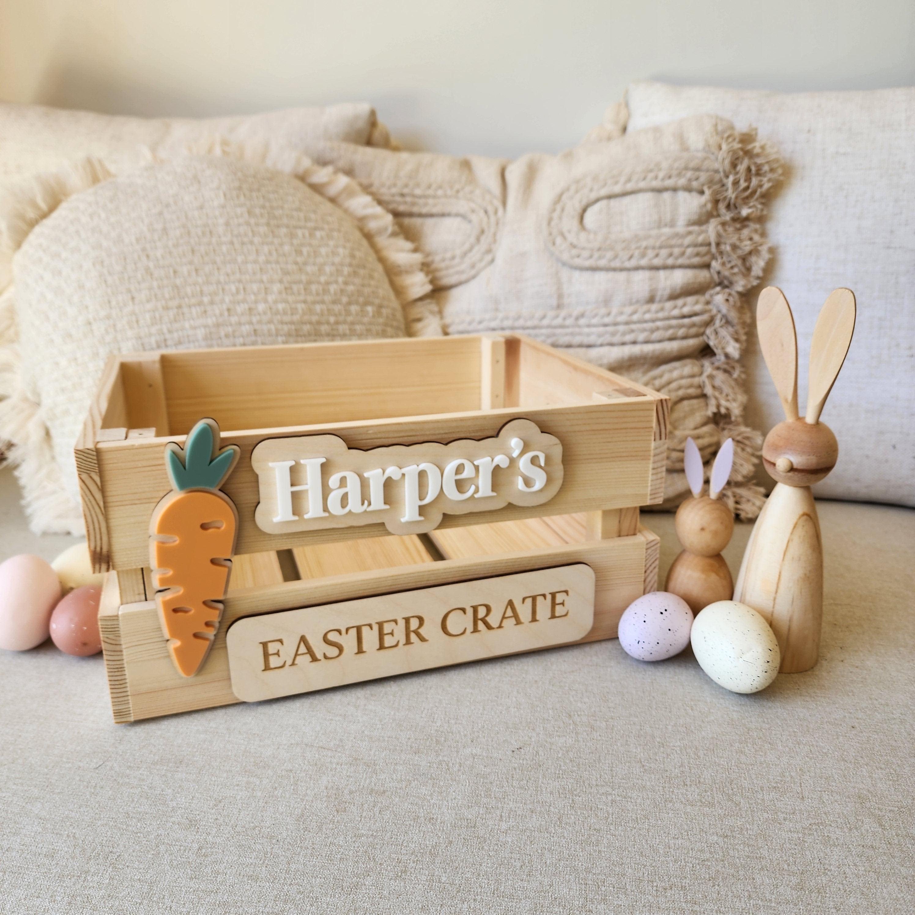 Personalised Wooden Easter Crate with 3D Carrot Tag - Interchangeable Easter Day Keepsake Basket Box - The Willow Corner