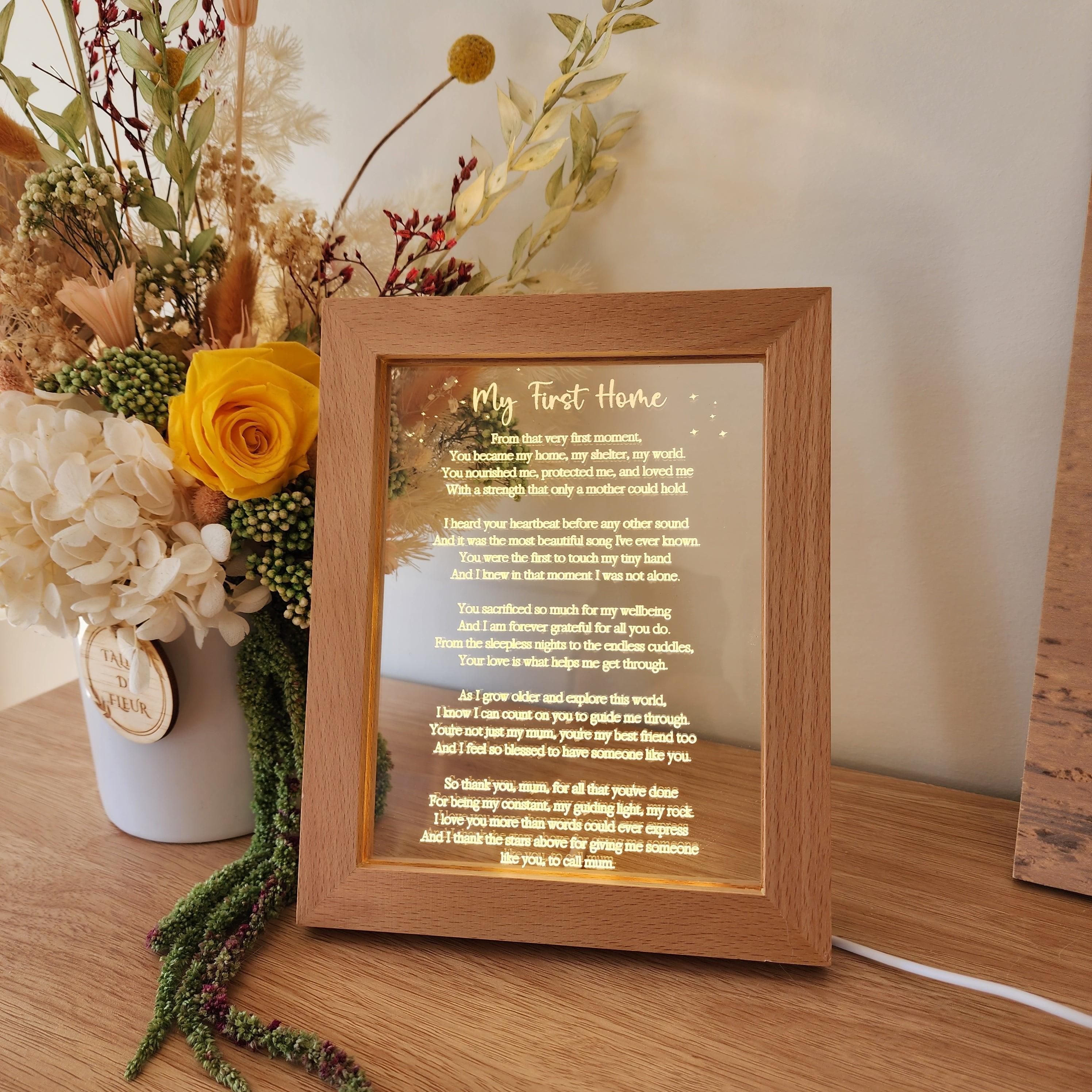 Timber Night Light Frame - Poem - My First Home - Mother&#39;s Day Gift - The Willow Corner