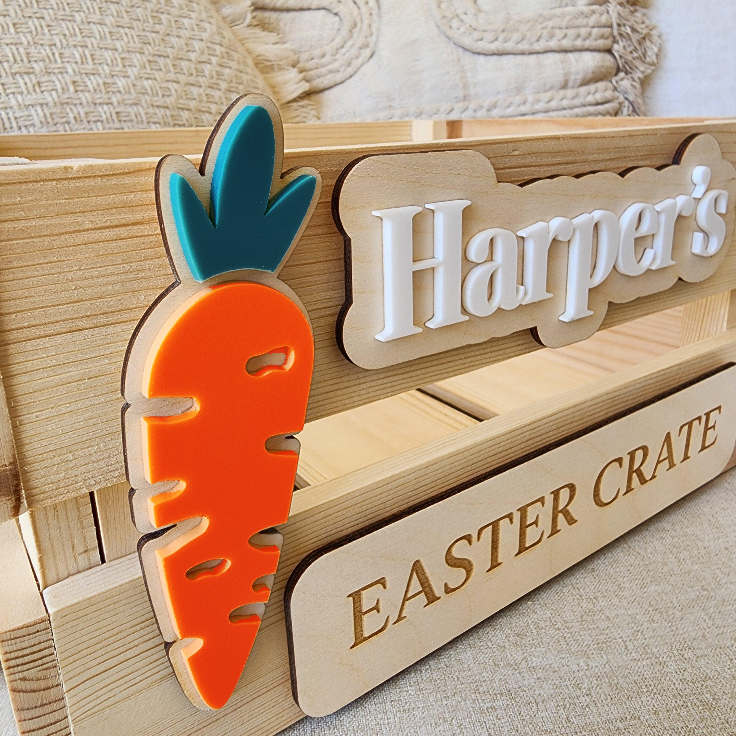 Personalised Wooden Easter Crate with 3D Carrot Tag - Interchangeable Easter Day Keepsake Basket Box