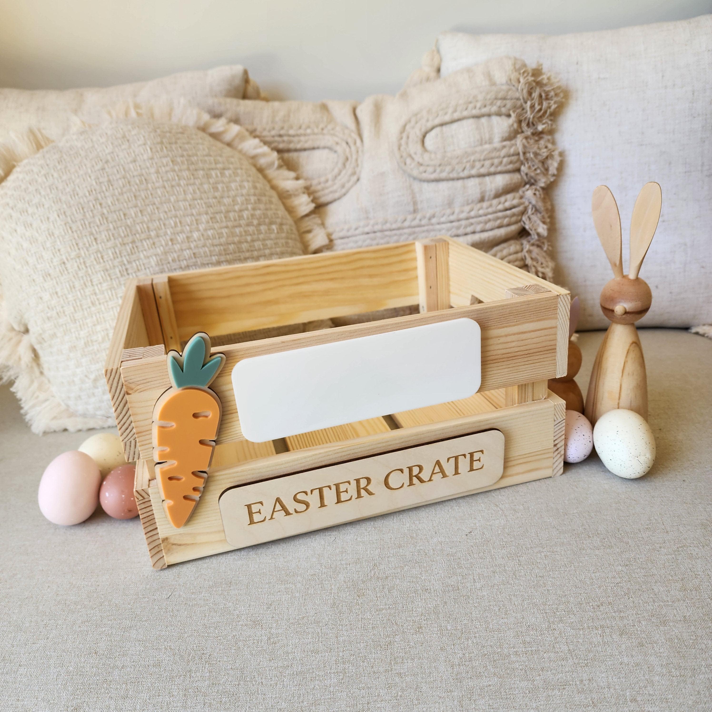 Blank Personalised Wooden Easter Crate with 3D Carrot Tag - Interchangeable Easter Day Keepsake Basket Box - The Willow Corner