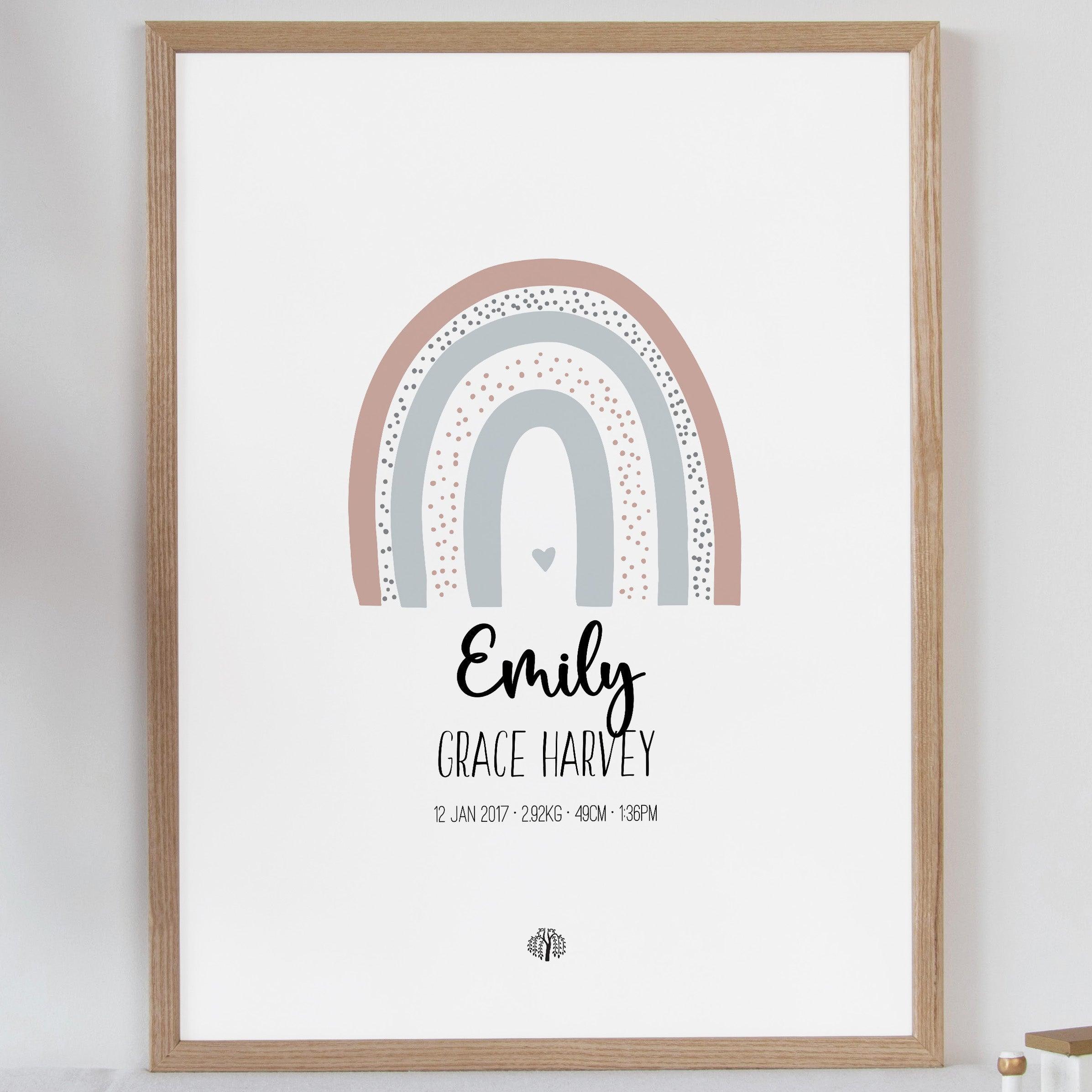 Boho Rainbow - Chalk - Personalised Birth Details Poster - The Willow Corner