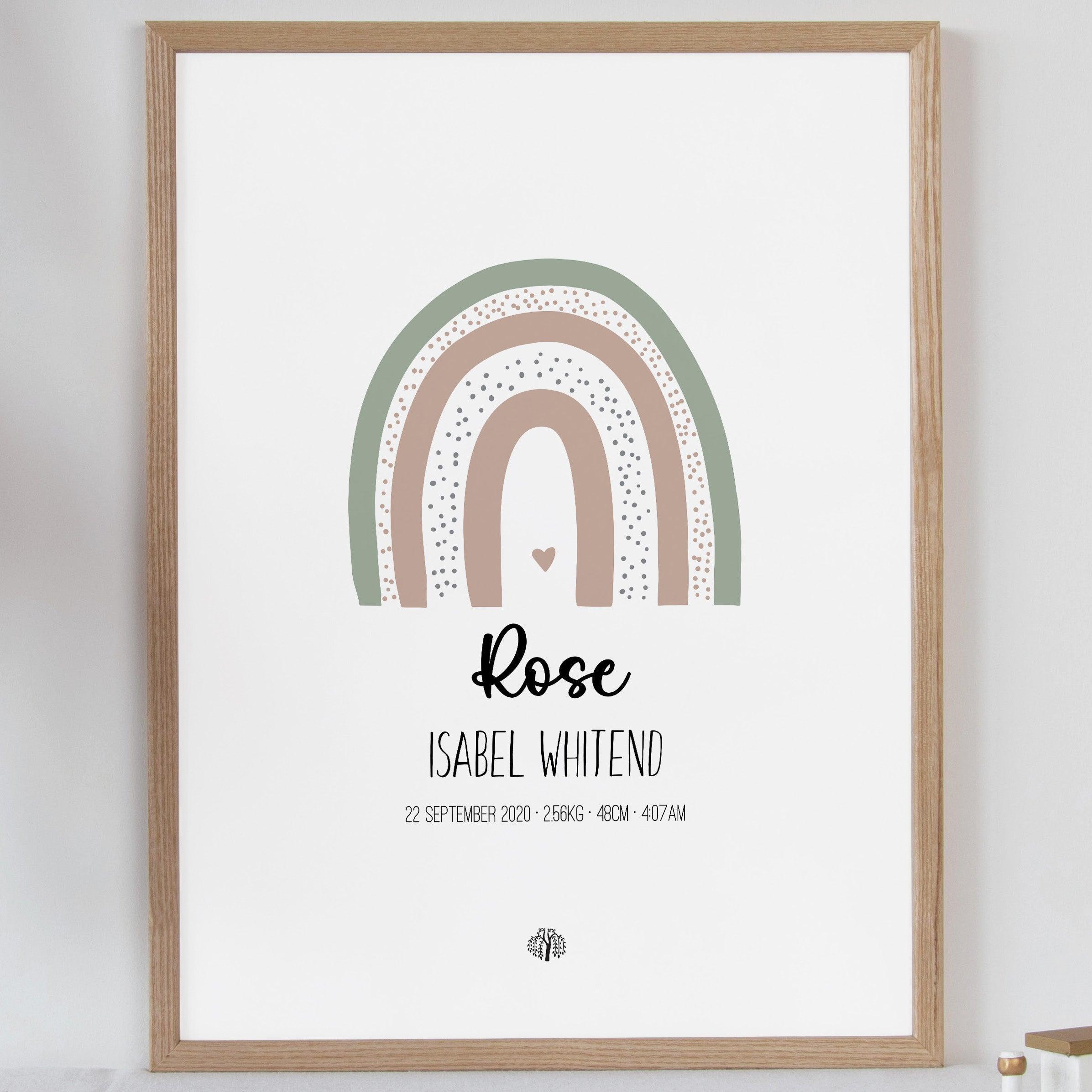 Boho Rainbow - Sage - Personalised Birth Details Poster - The Willow Corner
