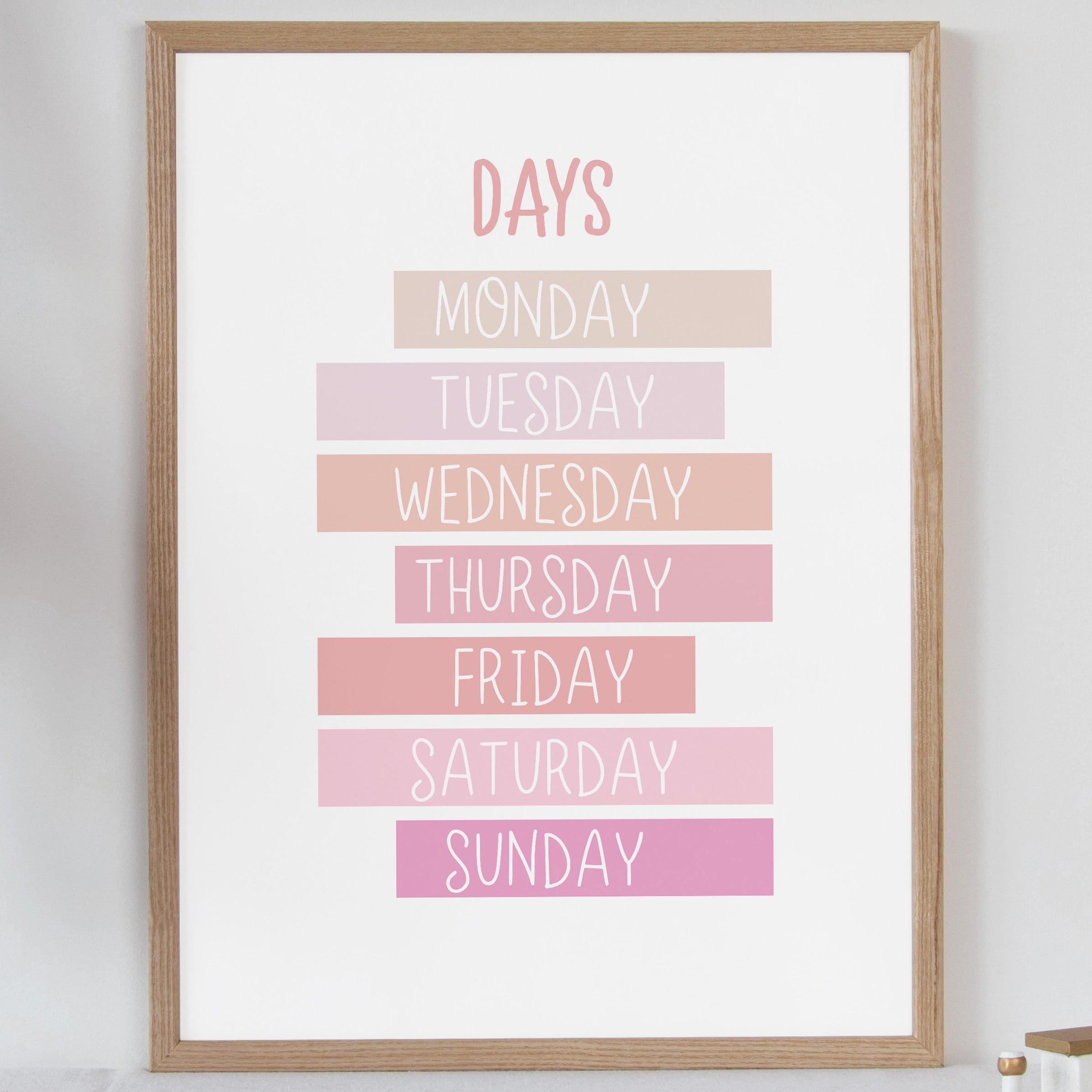 Days of the Week - Pink Tones - Educational Print Series - Poster - The Willow Corner