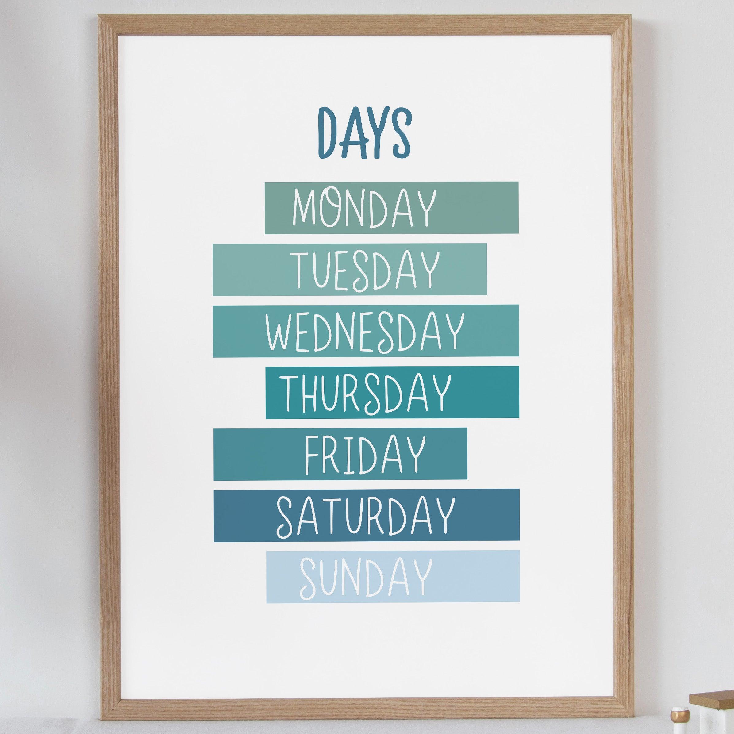 Days of the Week - Retro Blues - Educational Print Series - Poster - The Willow Corner