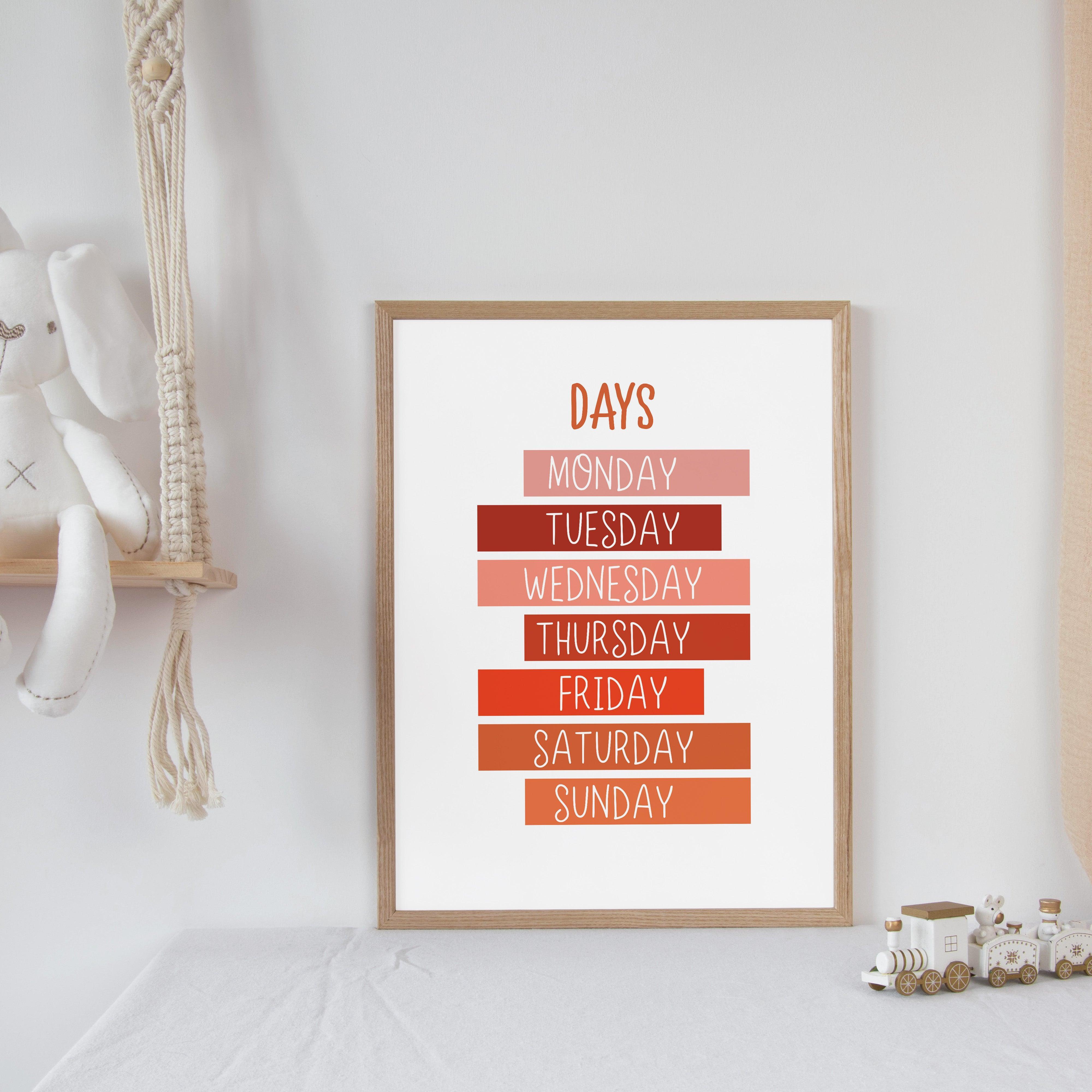Days of the Week - Summer Reds - Educational Print Series - Poster - The Willow Corner