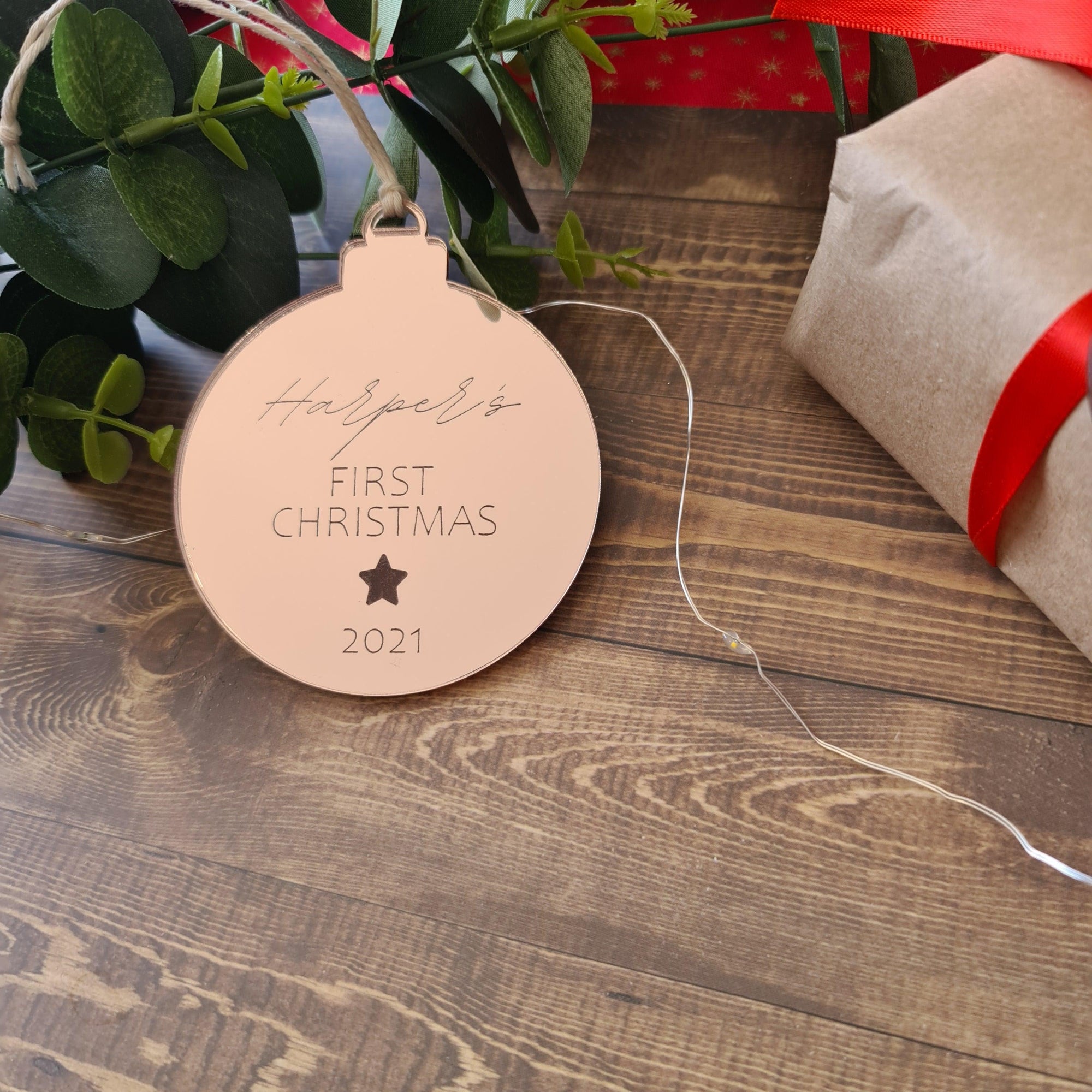 First Christmas Mirrored Round Bauble Ornament - Personalised - The Willow Corner