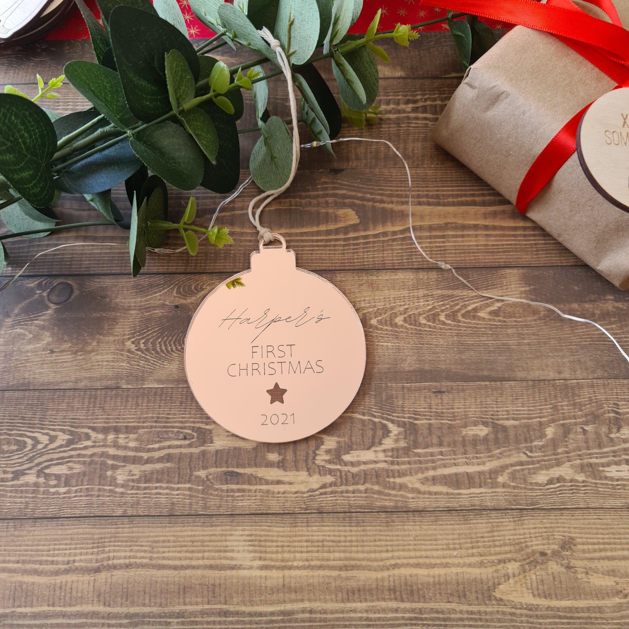 First Christmas Mirrored Round Bauble Ornament - Personalised - The Willow Corner