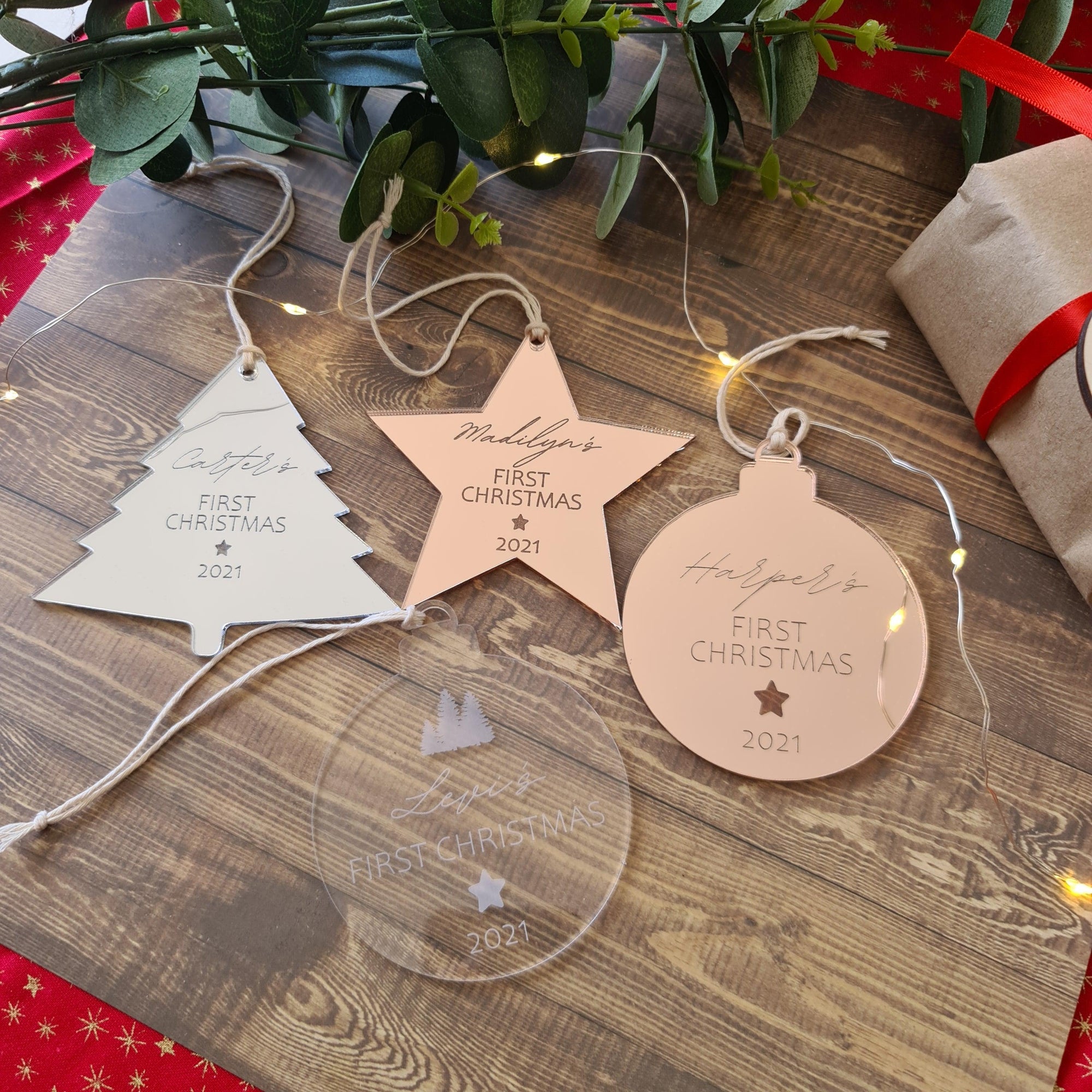 First Christmas Mirrored Round Bauble Ornament - Personalised - The Willow Corner