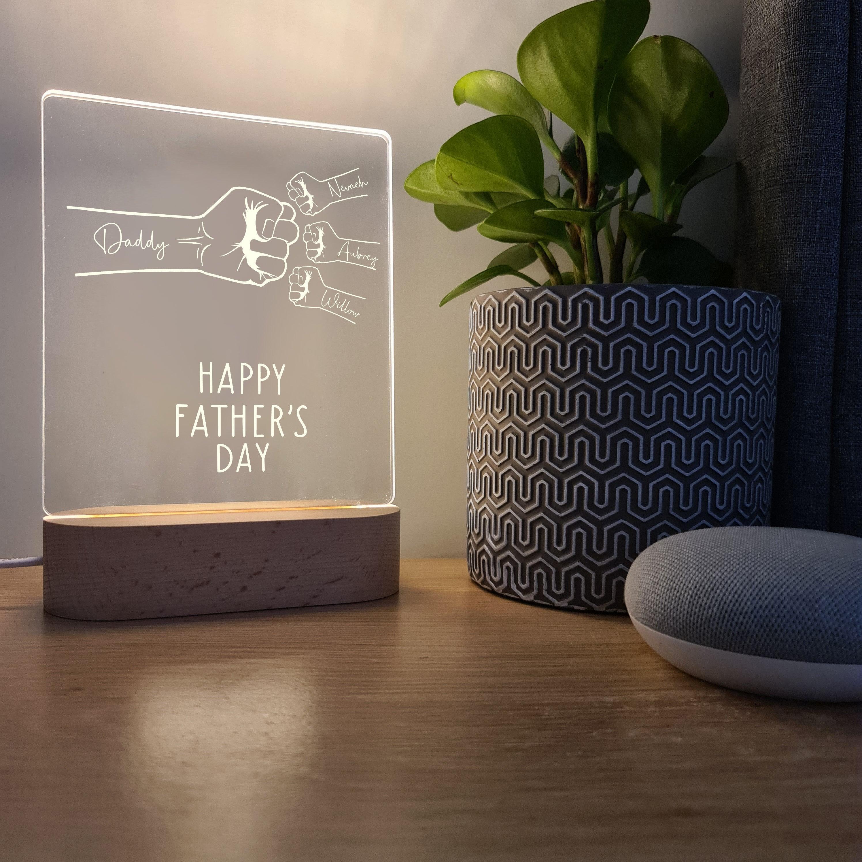 Fist Bump - Three Kids - Personalised Father&#39;s Day Night Light - The Willow Corner
