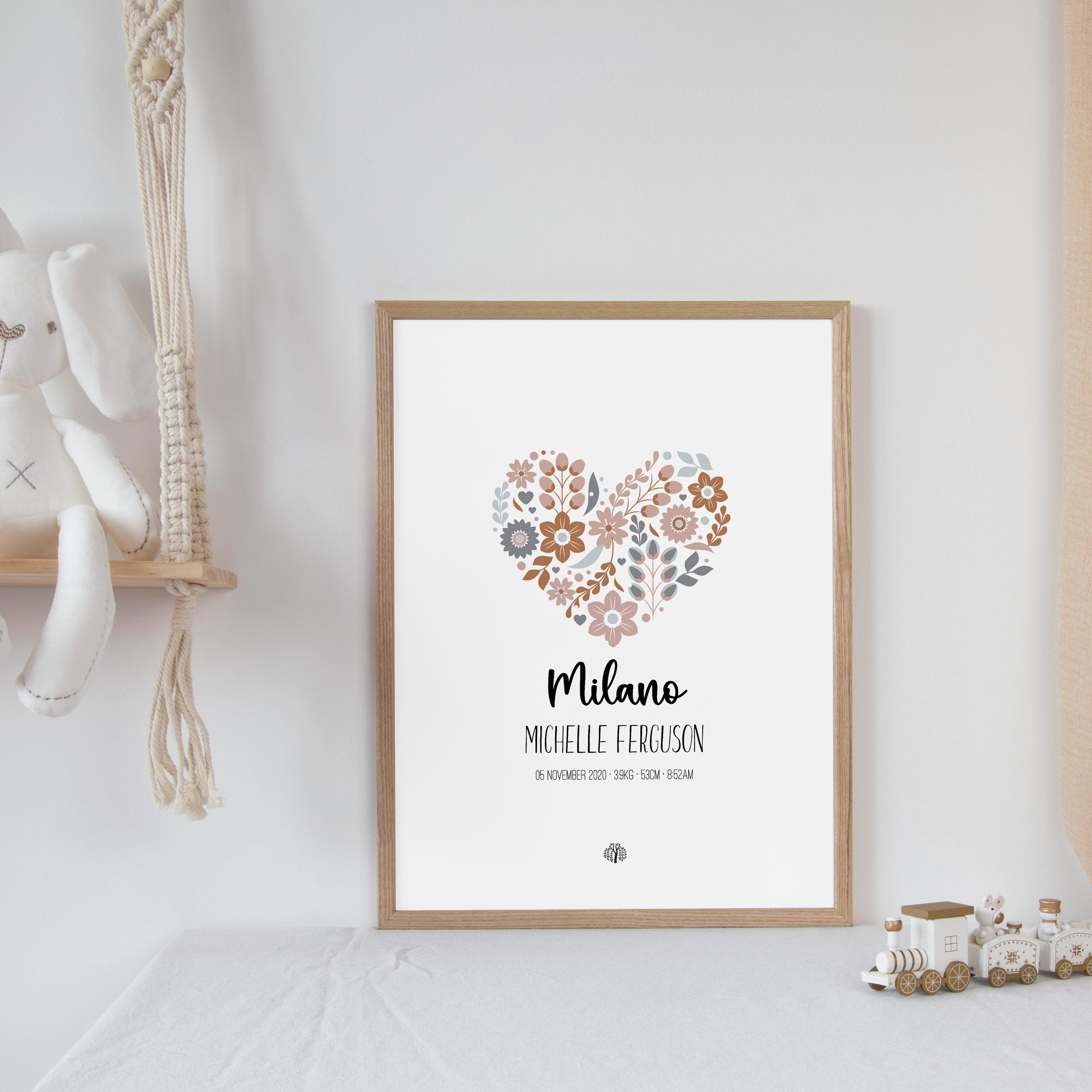 Floral Hearts - Coral - Personalised Birth Details Poster - The Willow Corner