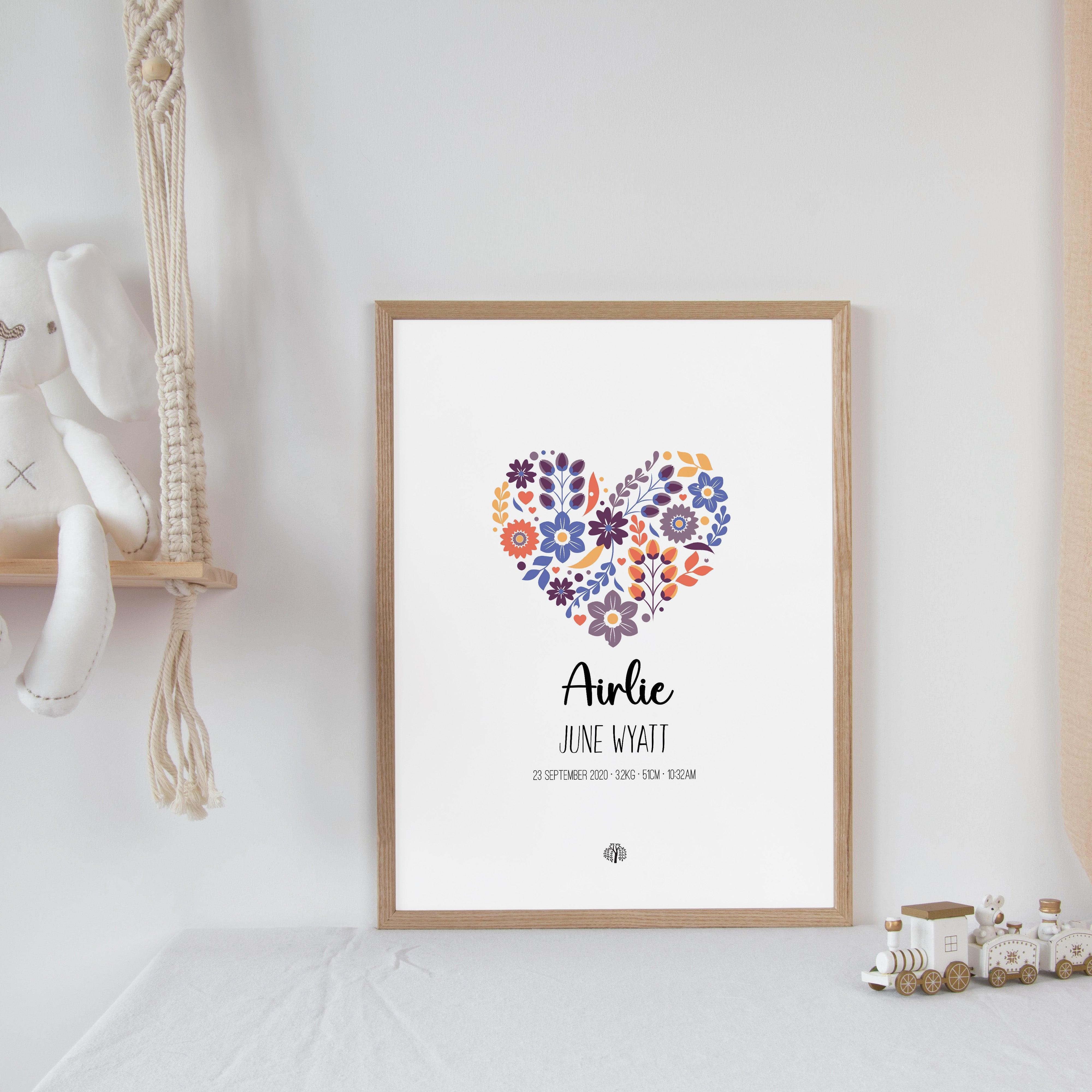 Floral Hearts - Lavender - Personalised Birth Details Poster - The Willow Corner