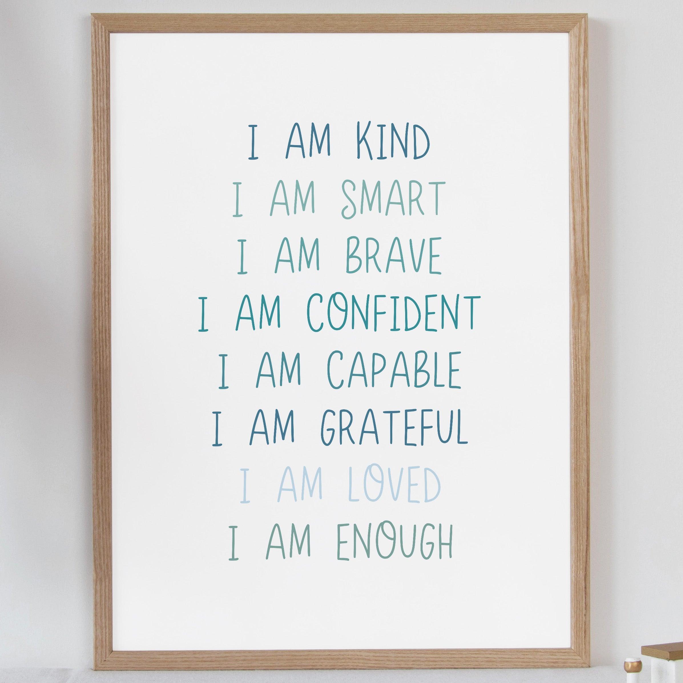 I Am Affirmation - Retro Blues - Educational Print Series - Poster - The Willow Corner