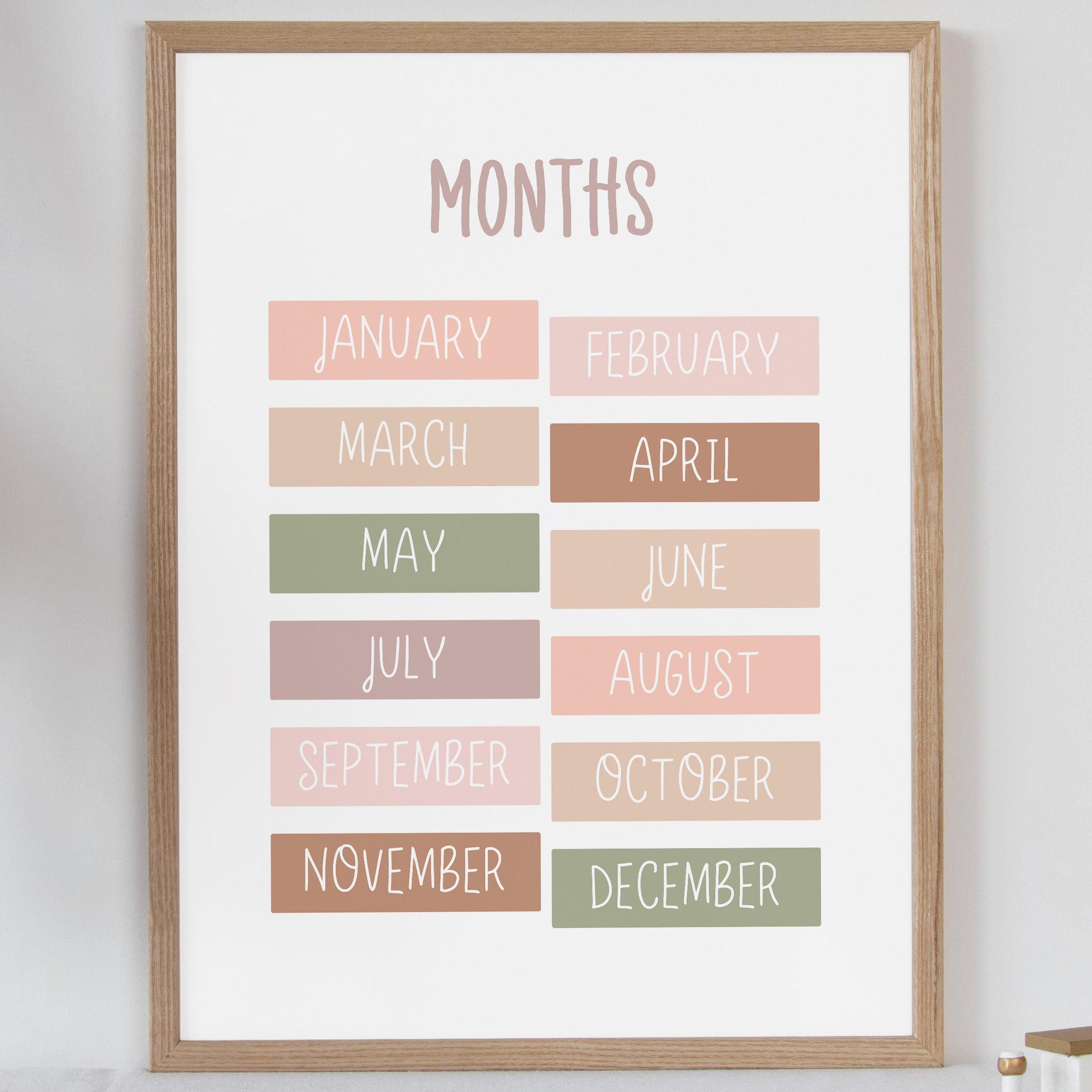 Months - Neutral Tones - Educational Print Series - Poster - The Willow Corner