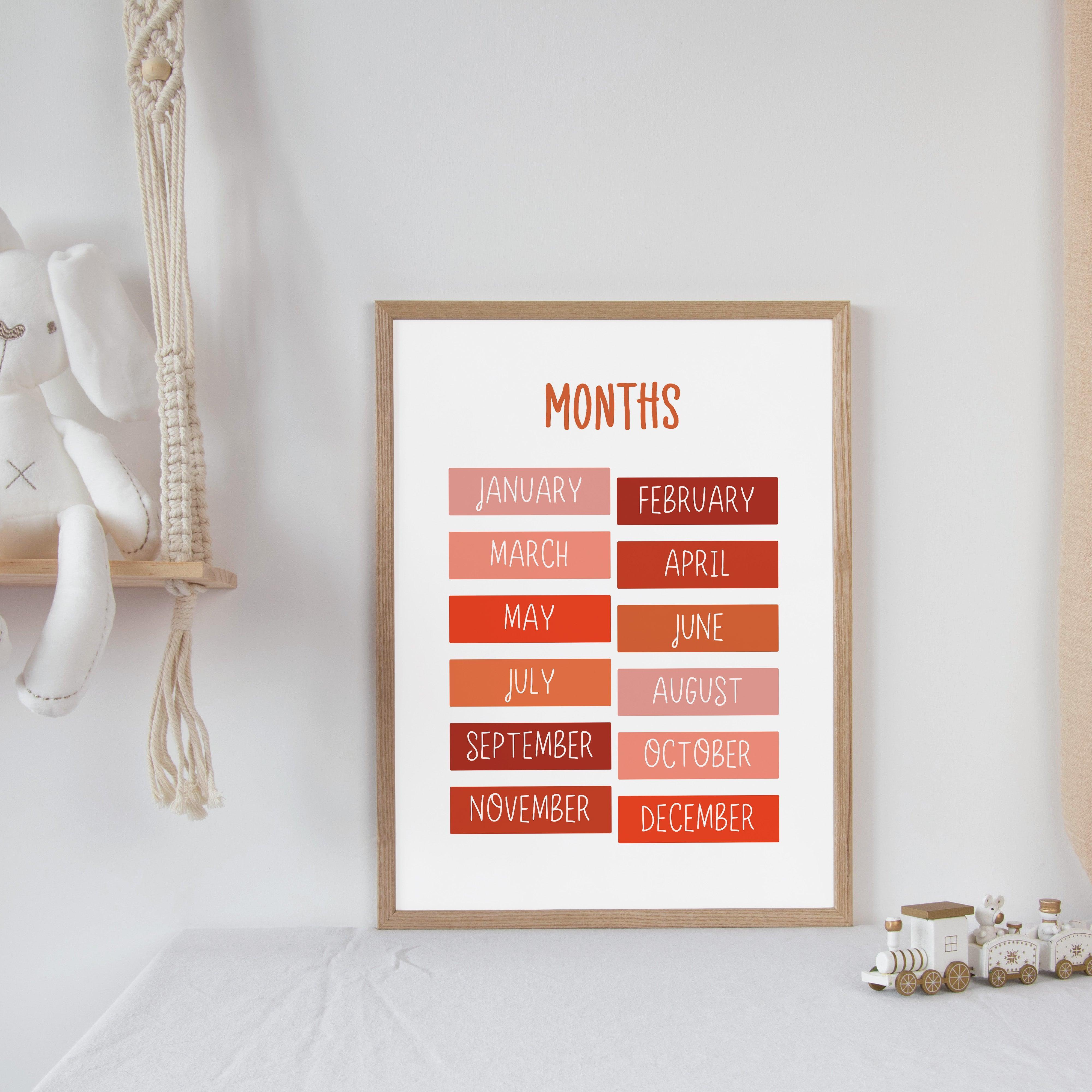 Months - Summer Reds - Educational Print Series - Poster - The Willow Corner