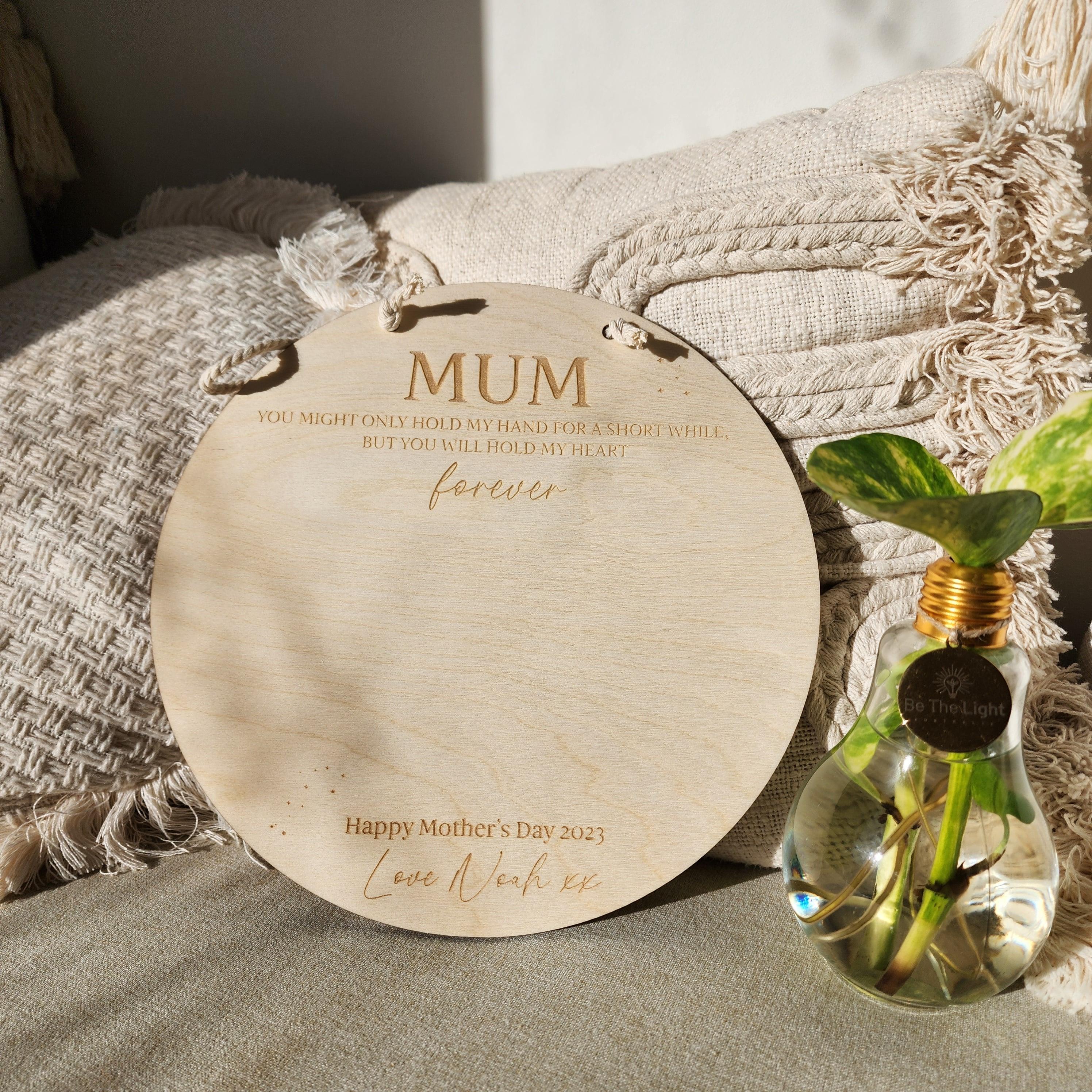 Mum Handprint Hanging Sign - Personalised Wooden Round - Mother's Day Gift - The Willow Corner