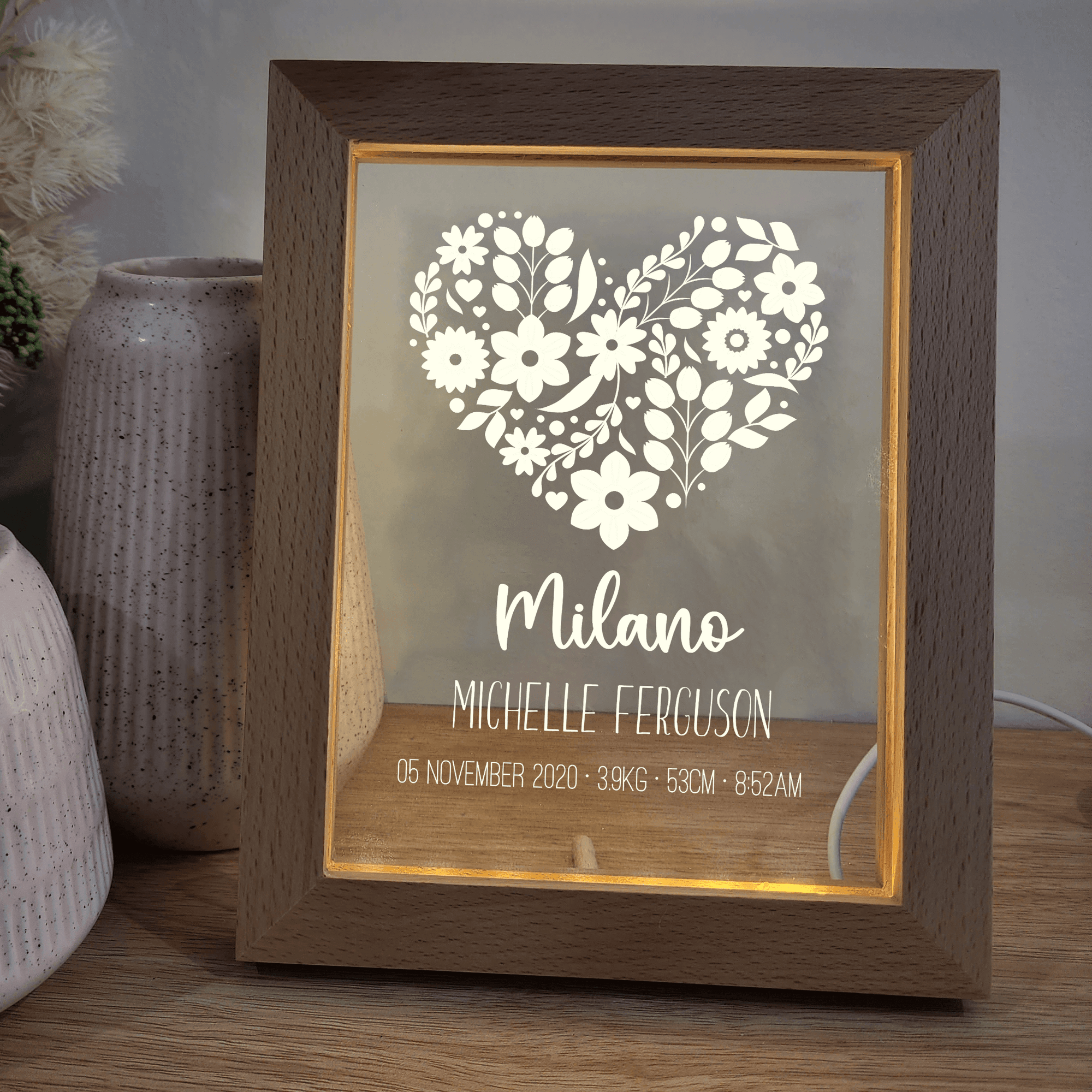 Personalised Timber Night Light Frame 🌙 - Birth Details - Hearts - The Willow Corner
