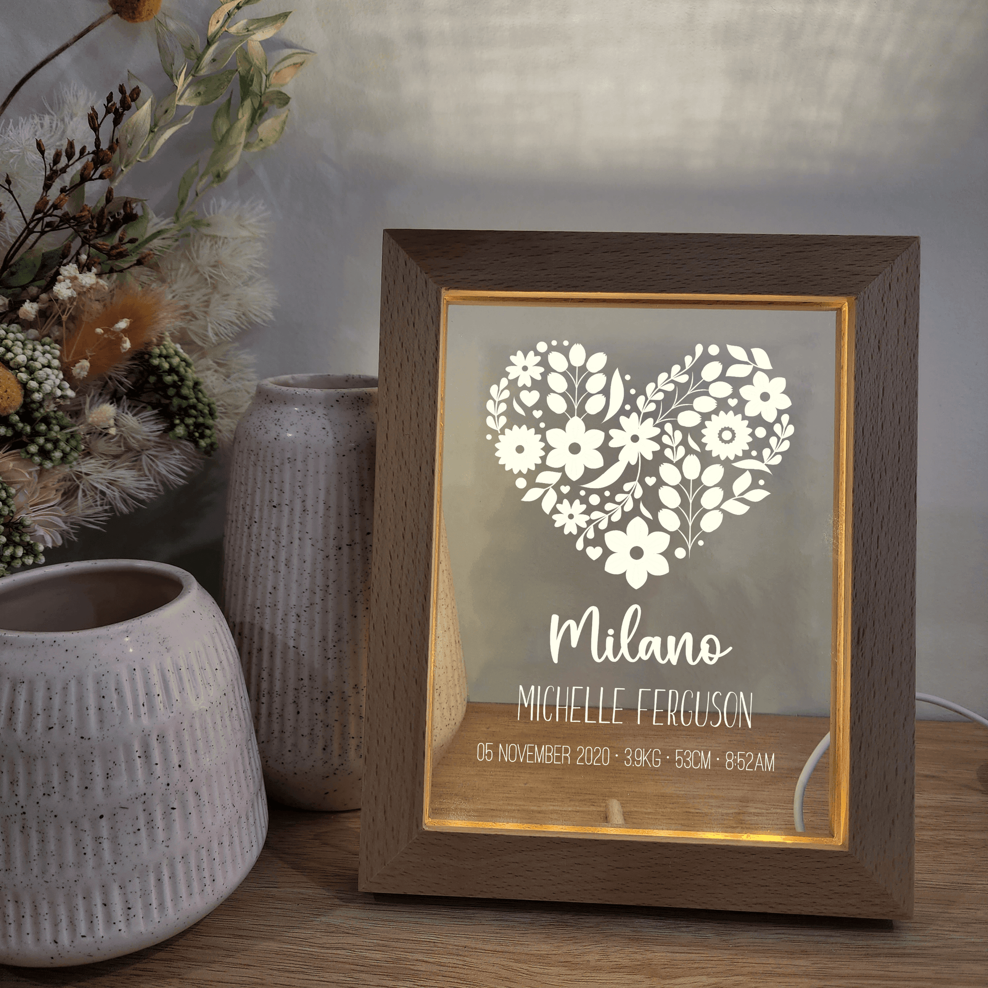 Personalised Timber Night Light Frame 🌙 - Birth Details - Hearts - The Willow Corner