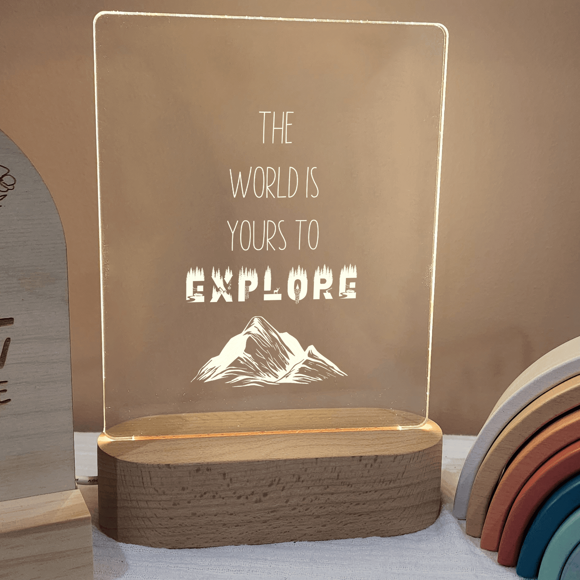 Quote Night Light 🌙 - The World is Yours to Explore (Mountains) - The Willow Corner