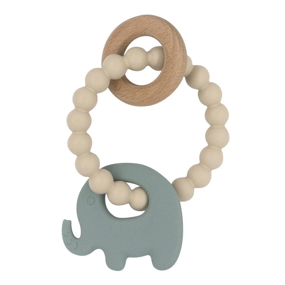 Silicone Elephant Teether with Beechwood Ring - Sage - The Willow Corner