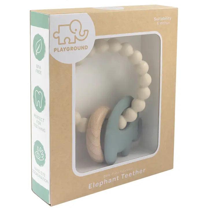 Silicone Elephant Teether with Beechwood Ring - Sage - The Willow Corner