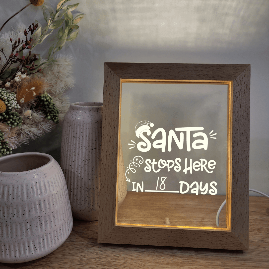 Timber Christmas Countdown Night Light Frame 🌙 - Santa Stops Here In - The Willow Corner