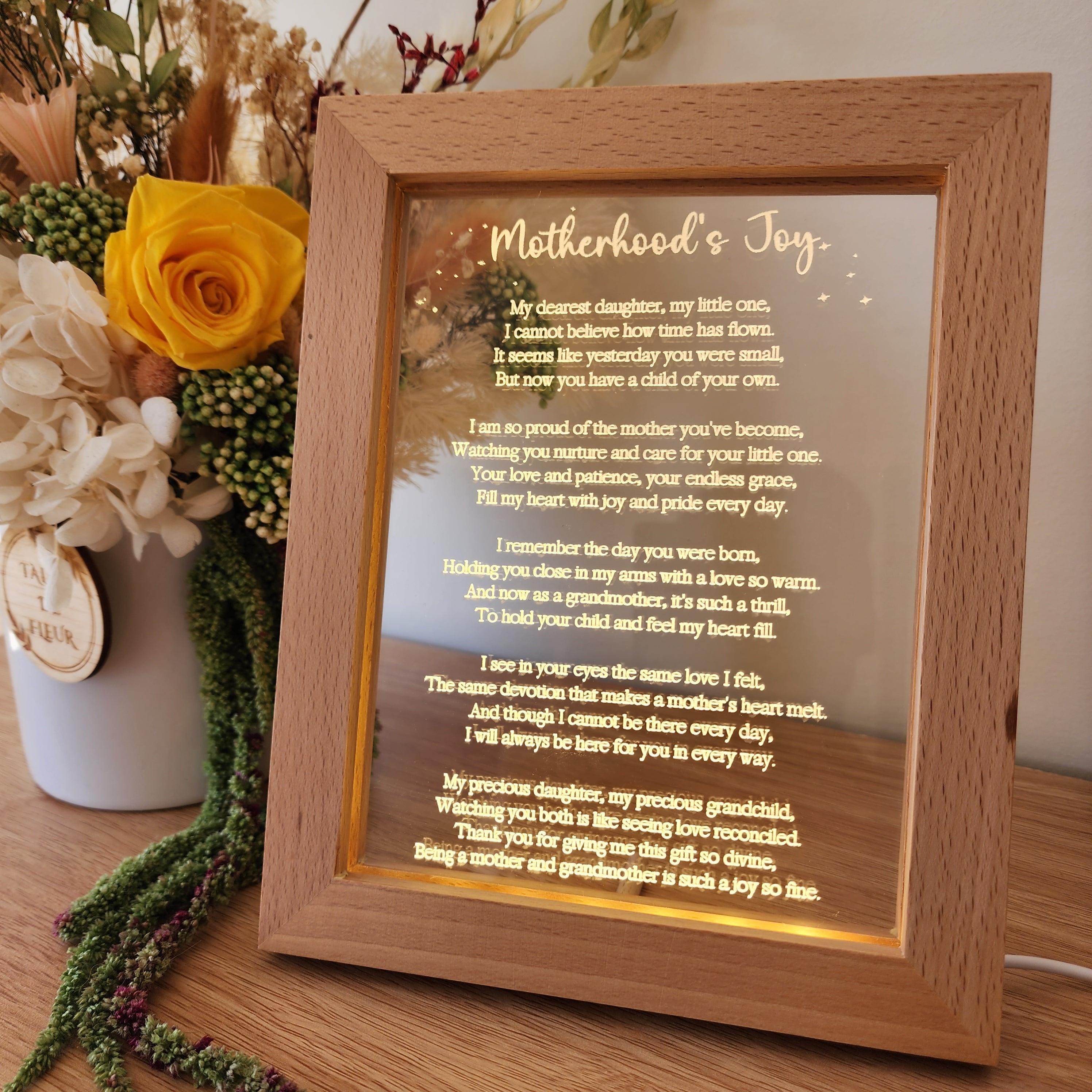 Timber Night Light Frame - Poem - Motherhood's Joy - Mother's Day Gift - The Willow Corner