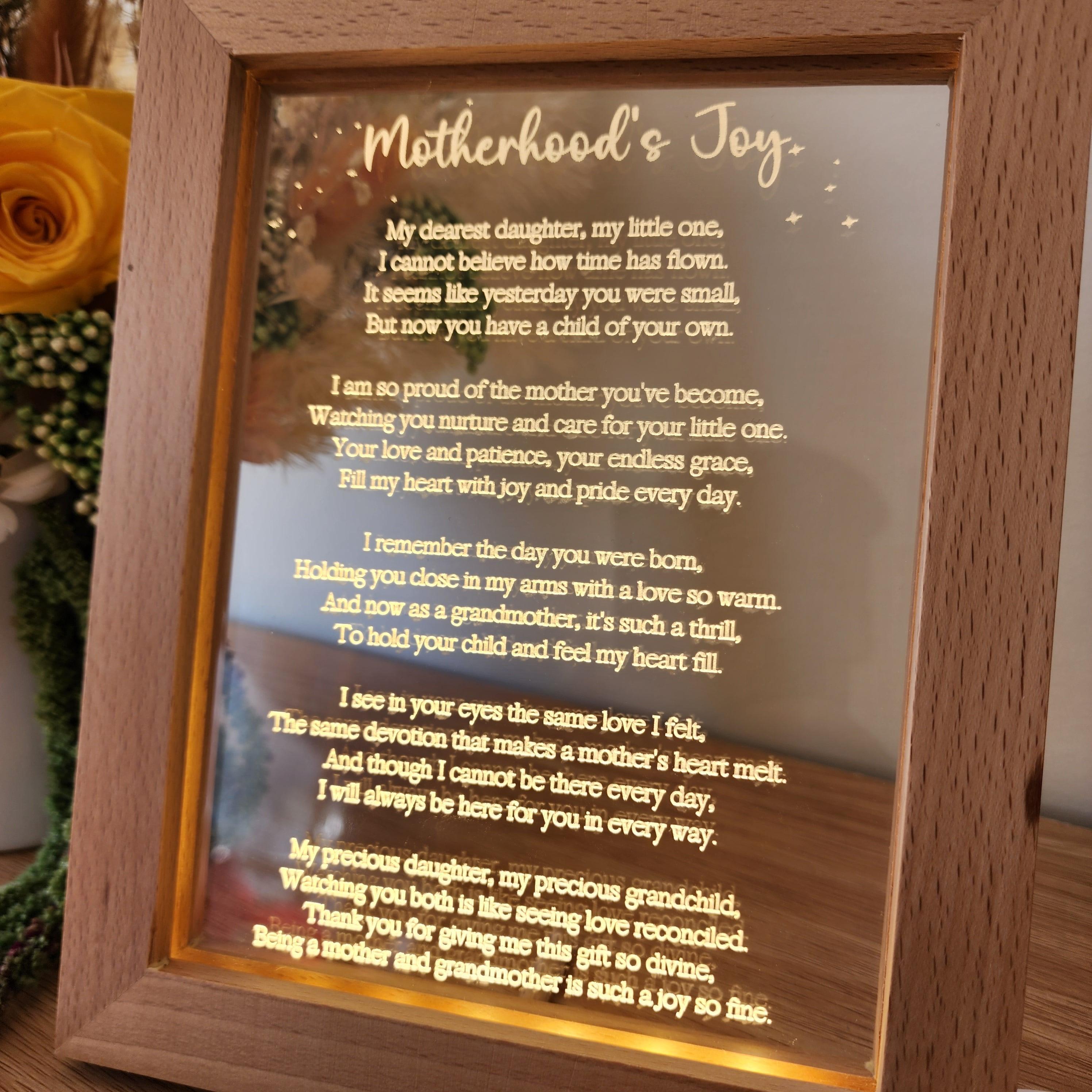 Timber Night Light Frame - Poem - Motherhood&#39;s Joy - Mother&#39;s Day Gift - The Willow Corner