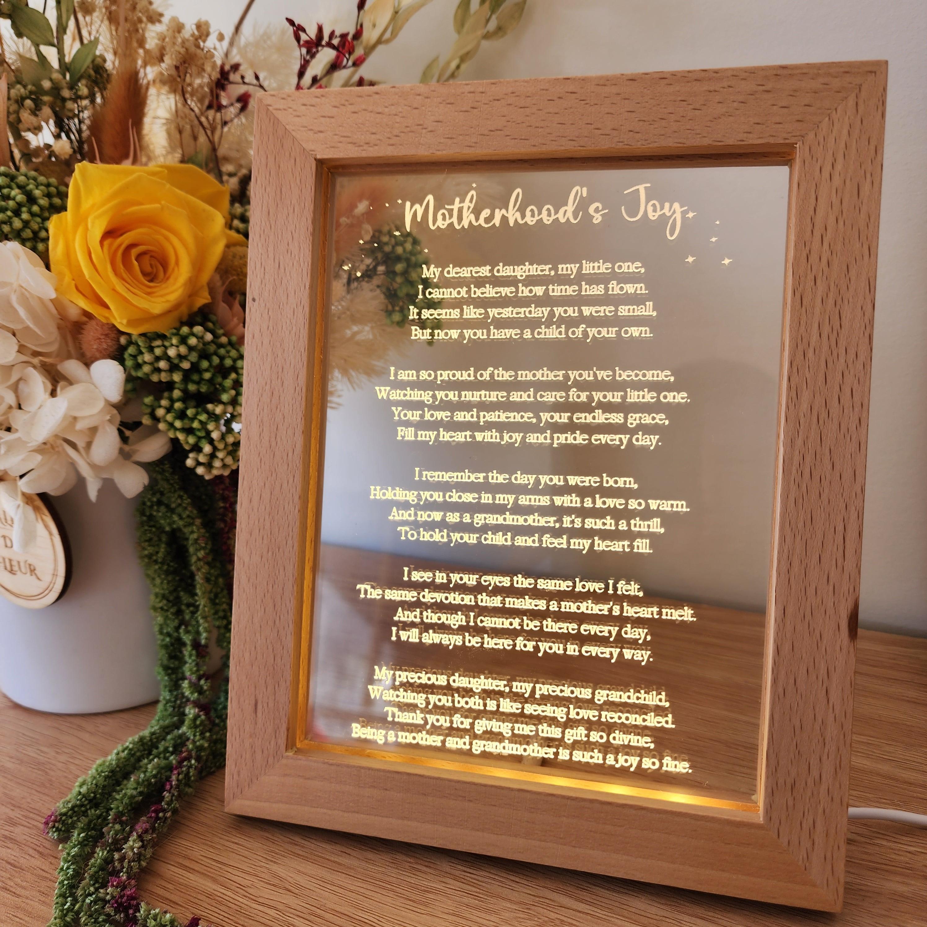 Timber Night Light Frame - Poem - Motherhood's Joy - Mother's Day Gift - The Willow Corner