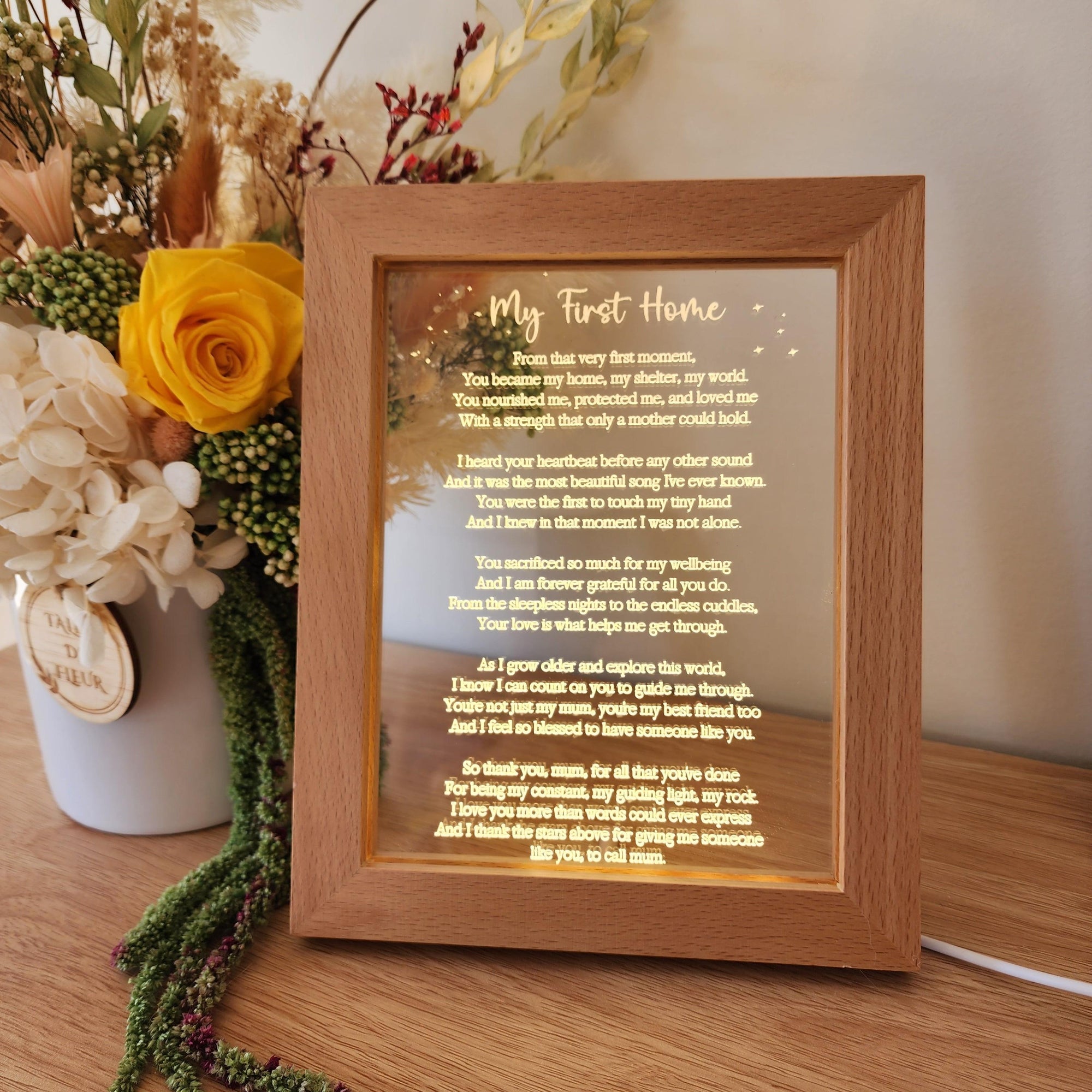 Timber Night Light Frame - Poem - My First Home - Mother's Day Gift - The Willow Corner