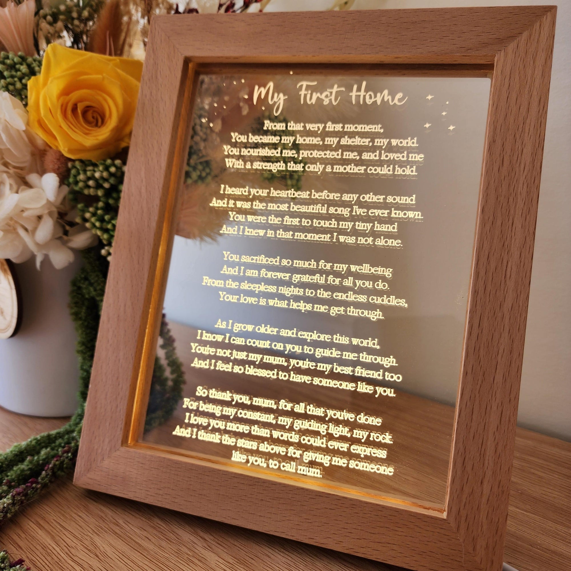 Timber Night Light Frame - Poem - My First Home - Mother's Day Gift - The Willow Corner