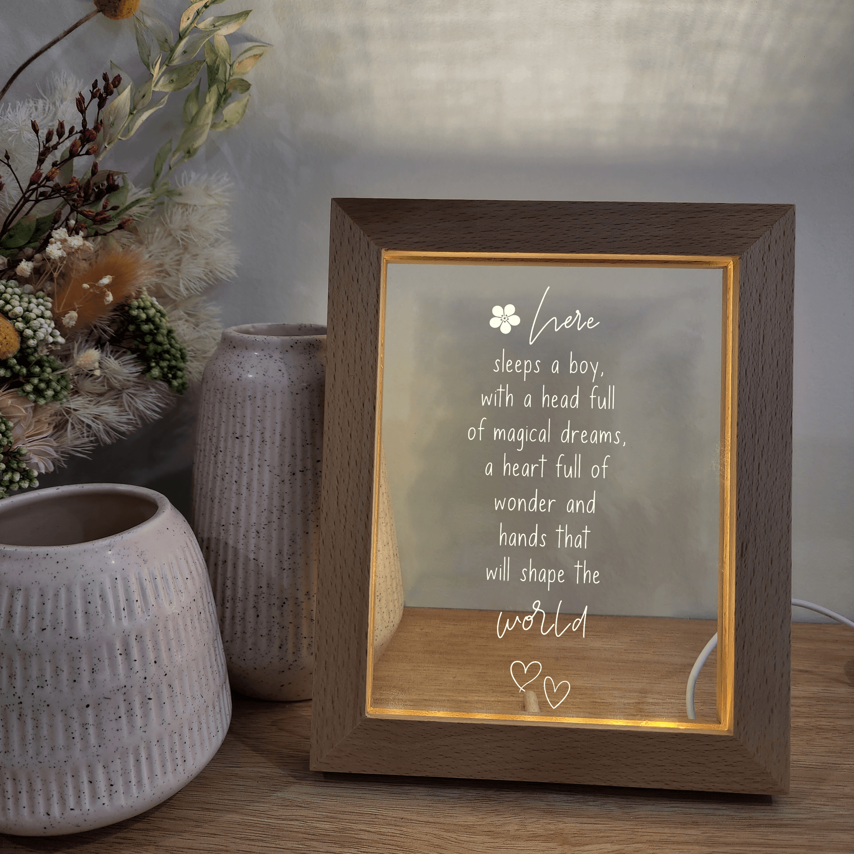 Timber Night Light Frame 🌙 - Quote - Here Sleeps a Boy - The Willow Corner