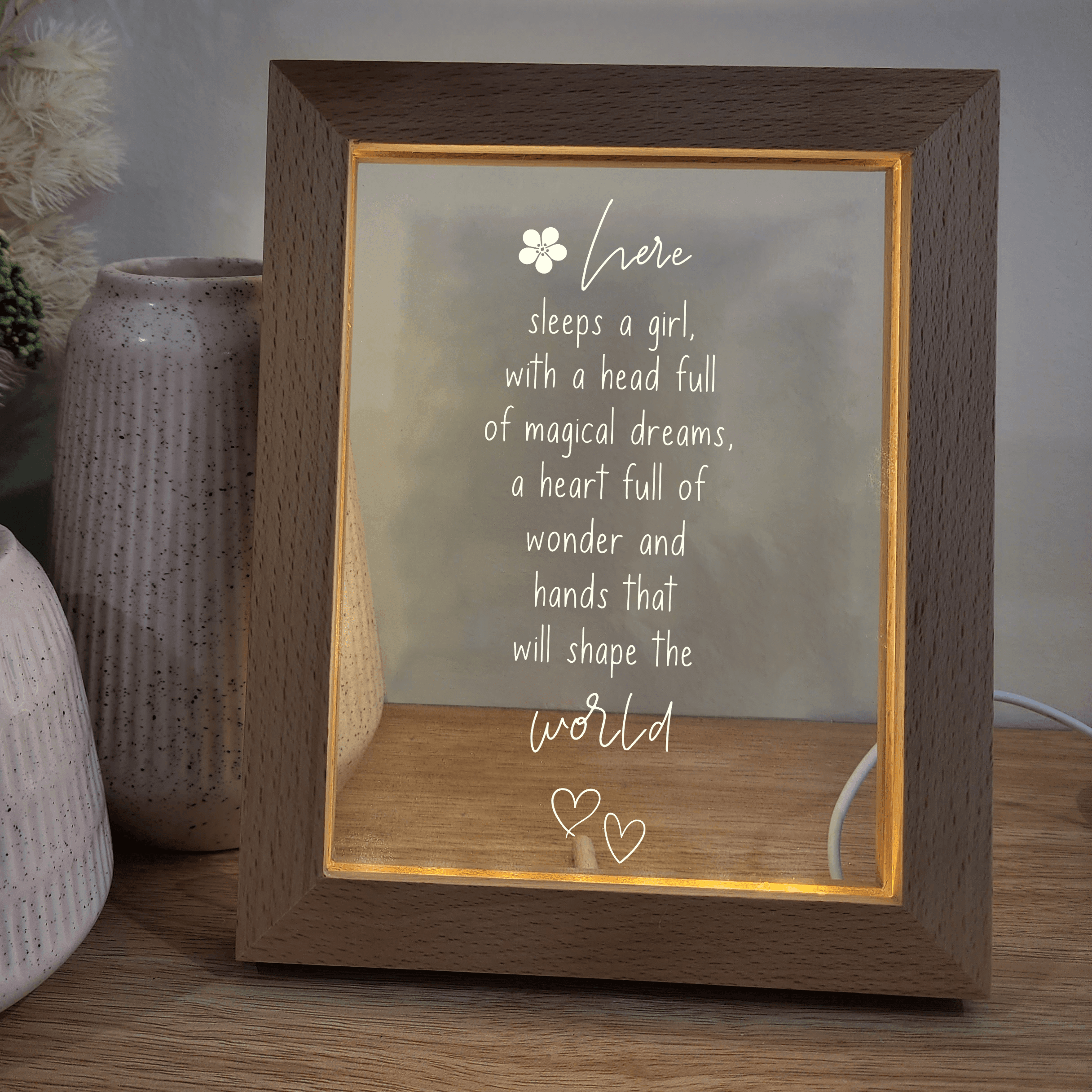 Timber Night Light Frame 🌙 - Quote - Here Sleeps a Girl - The Willow Corner