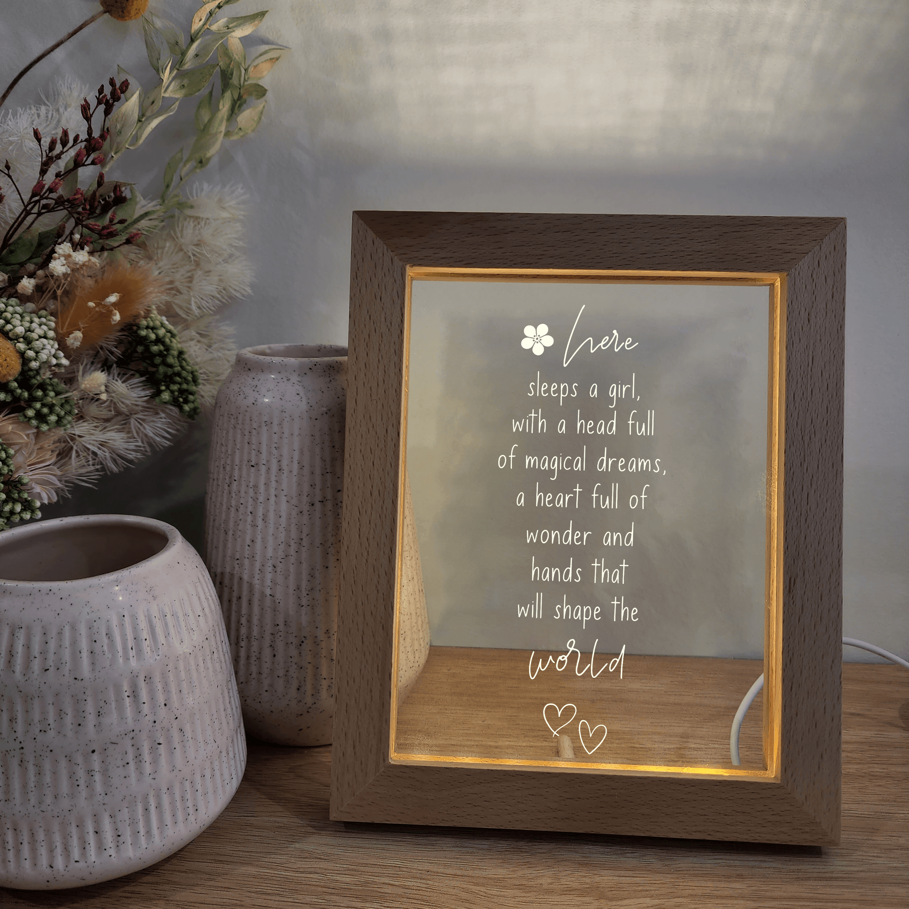 Timber Night Light Frame 🌙 - Quote - Here Sleeps a Girl - The Willow Corner