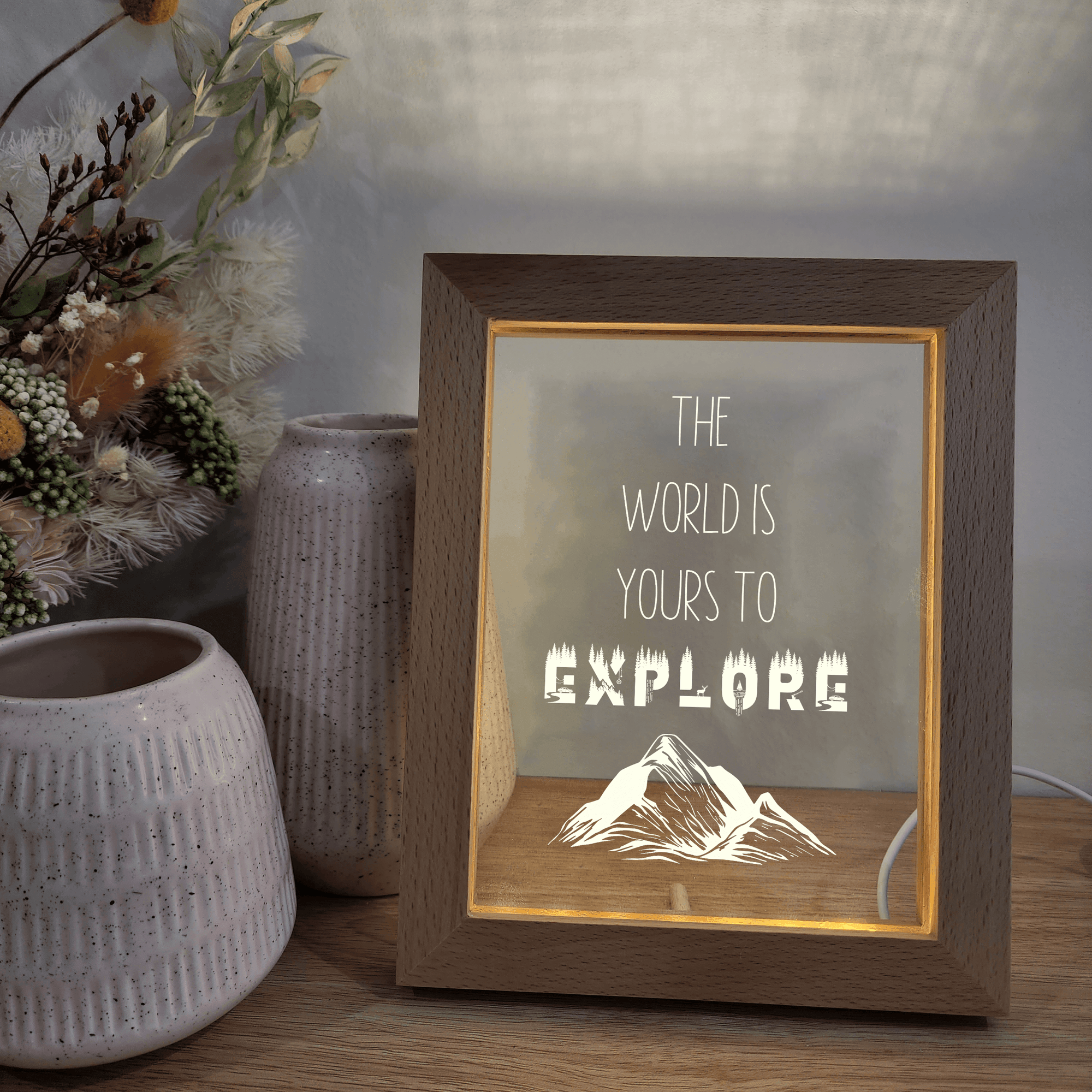 Timber Night Light Frame 🌙 - Quote - The World is Yours to Explore - The Willow Corner